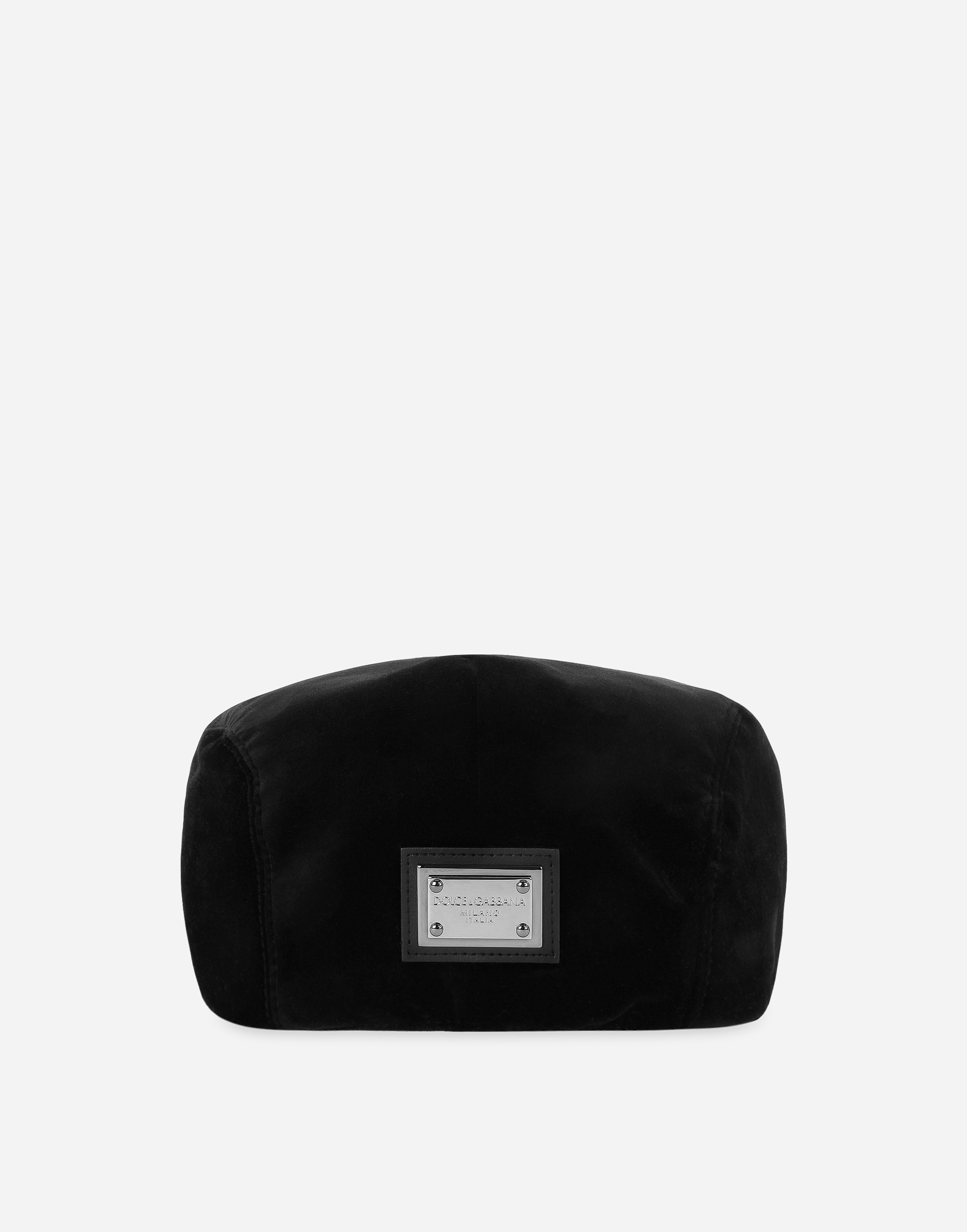 DOLCE & GABBANA STRETCH VELVET FLAT CAP WITH LOGO TAG