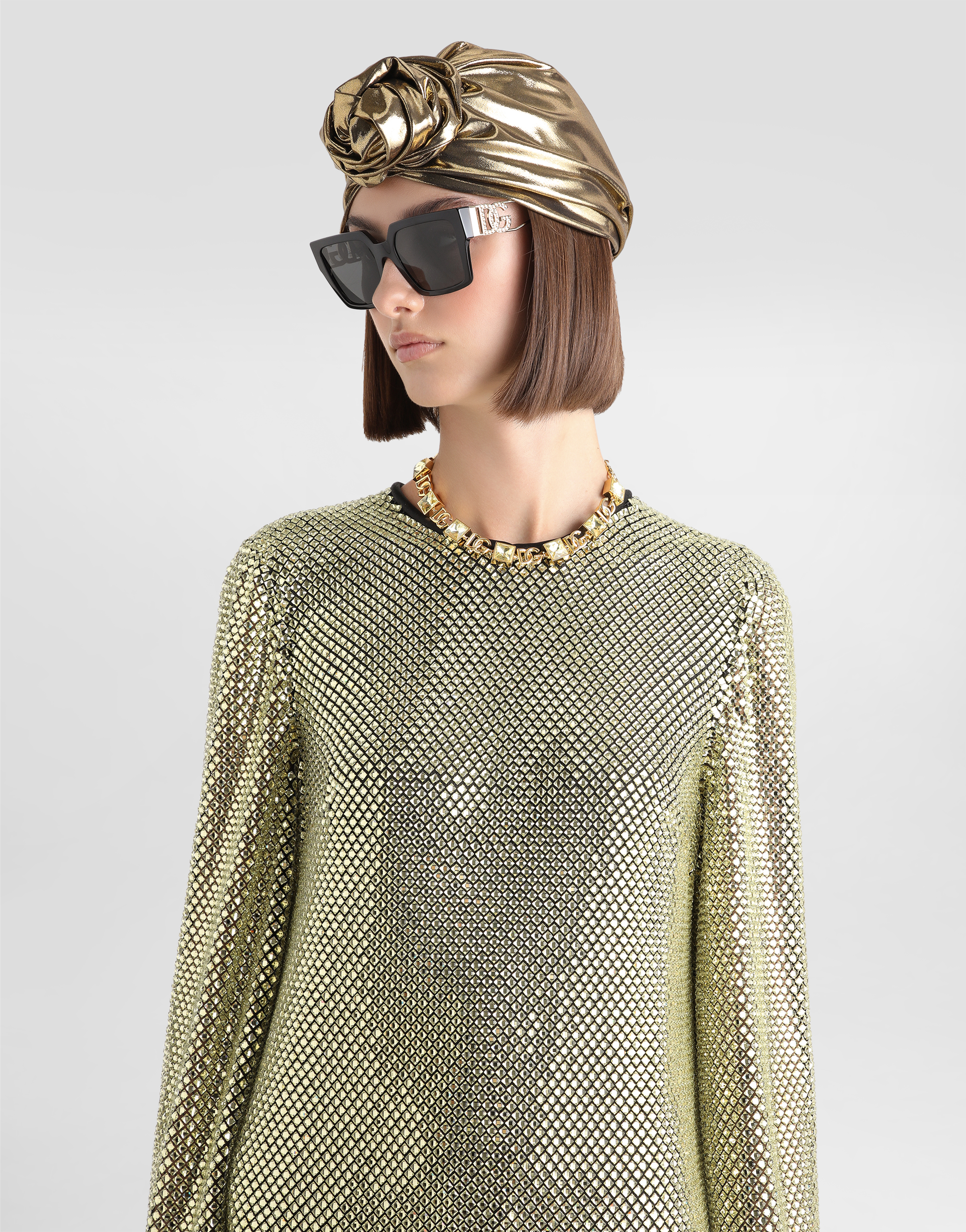 Dolce & Gabbana Short Long-sleeved Dress In Crystal Mesh In Oro