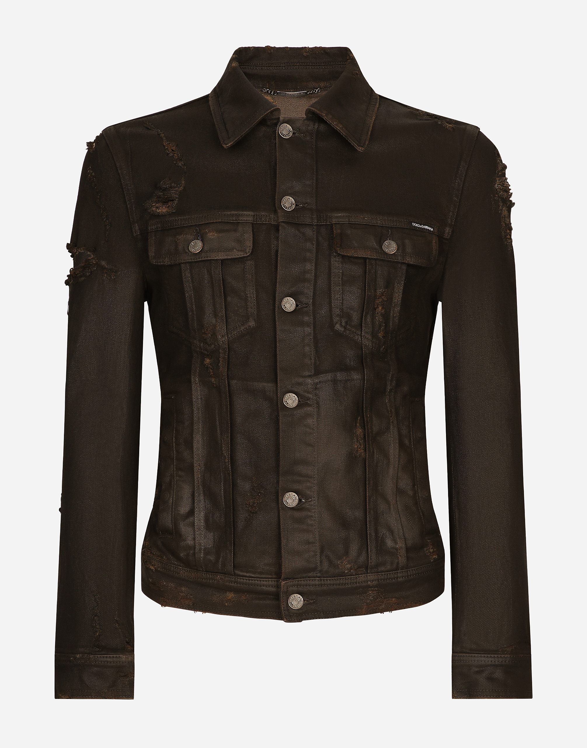 DOLCE & GABBANA WAXED STRETCH DENIM JACKET WITH RIPS