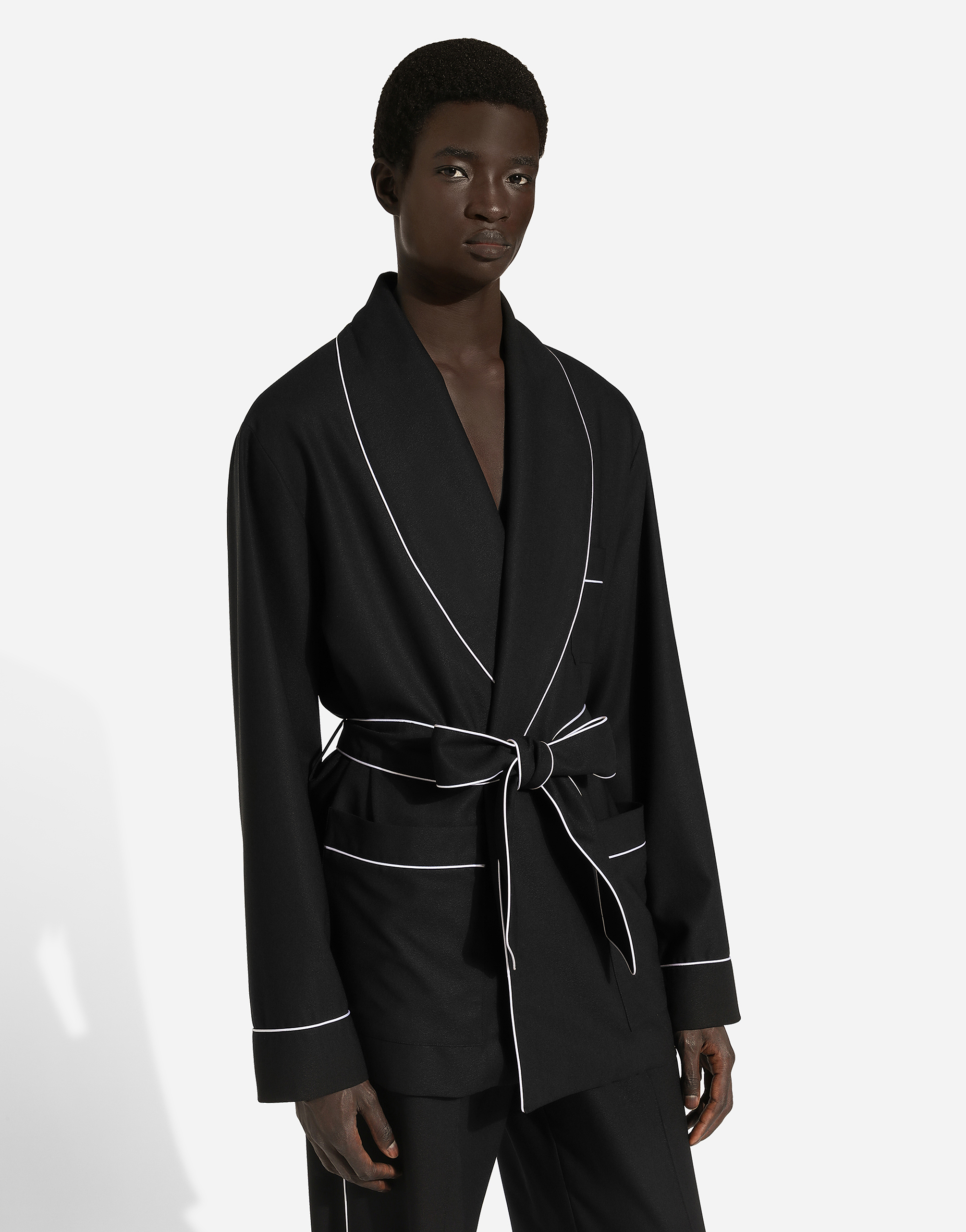 Dolce & Gabbana Shawl-lapels Wool Robe With Piping In Black