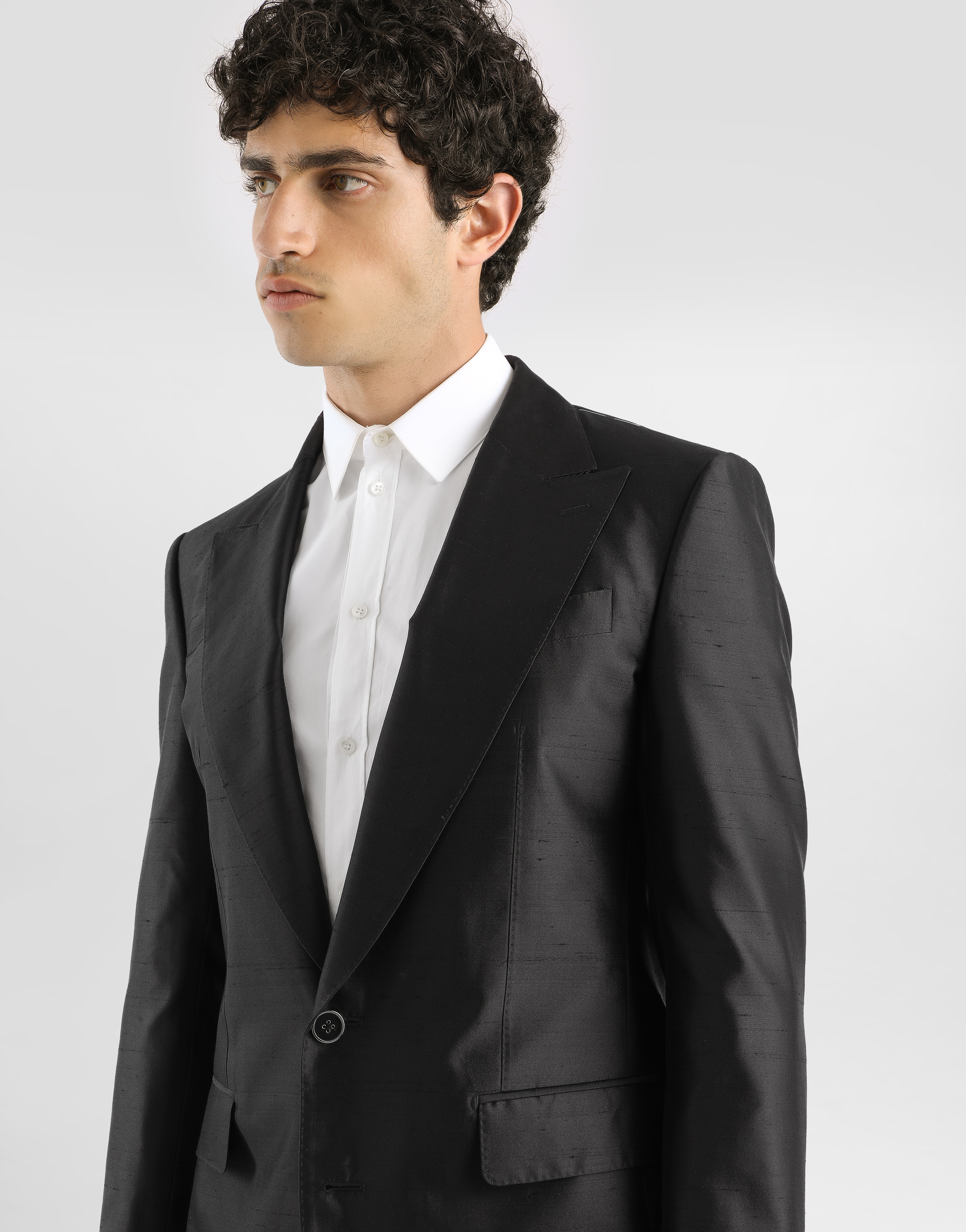 Double-breasted mikado shantung silk suit