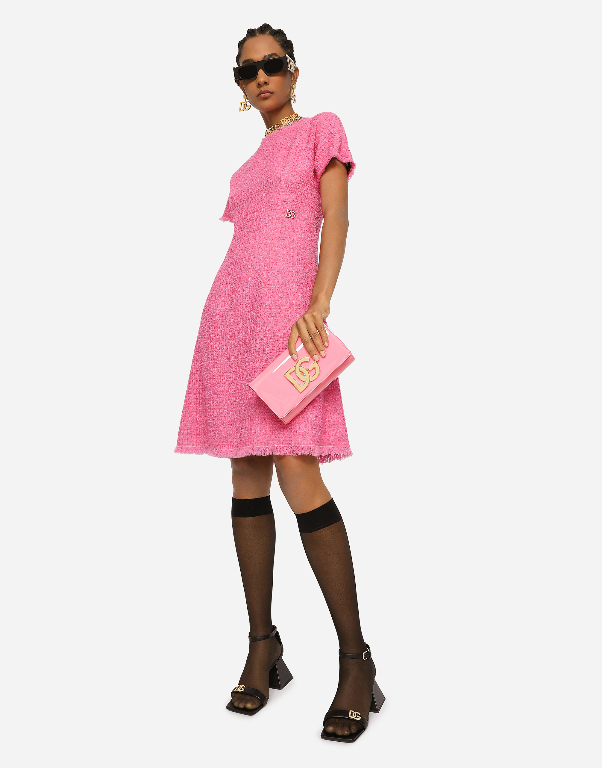 Shop Dolce & Gabbana Raschel Tweed Calf-length Dress With Dg Logo In Pink