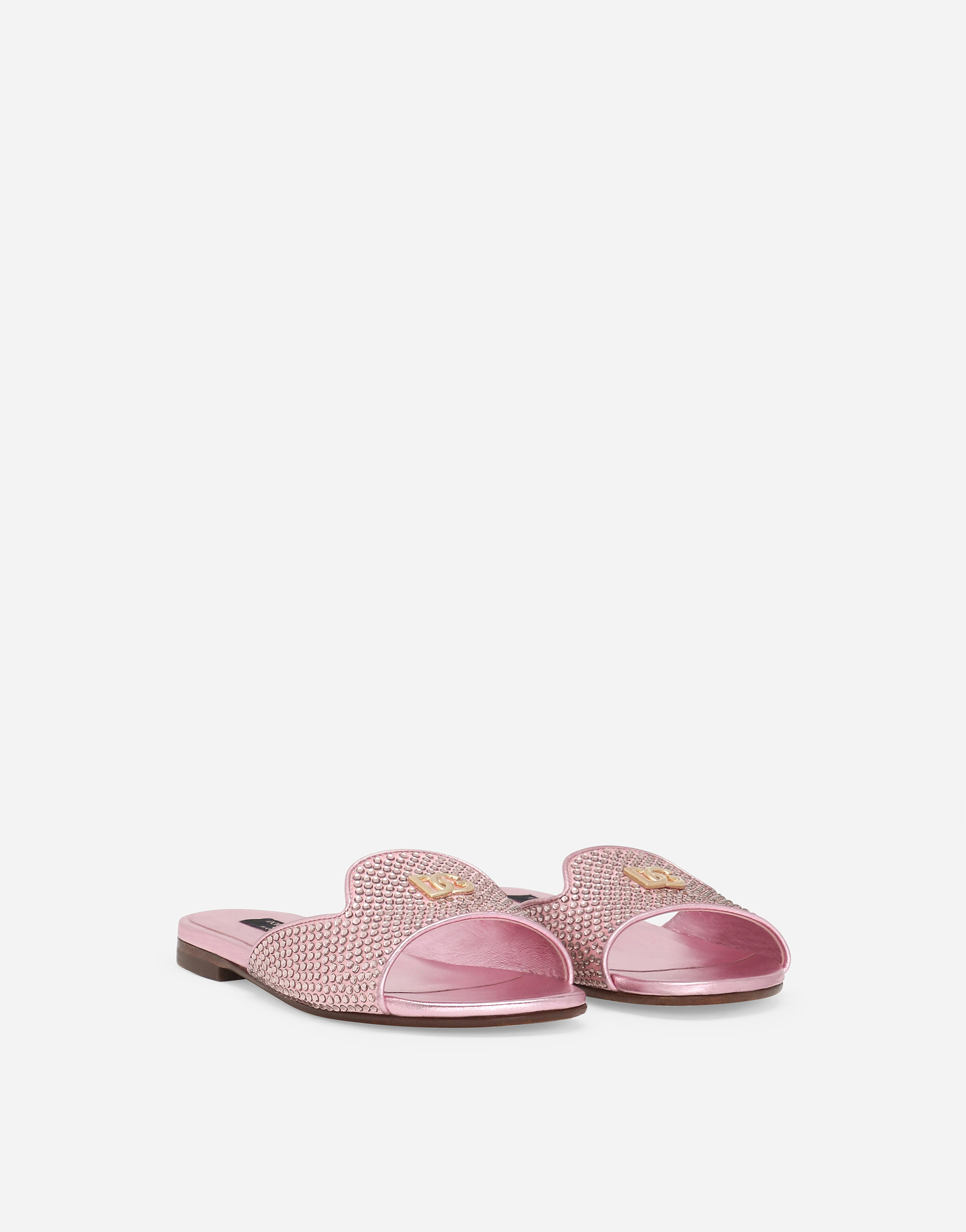 Dolce & Gabbana Foiled Lambskin Sliders With Fusible Rhinestones In Pink