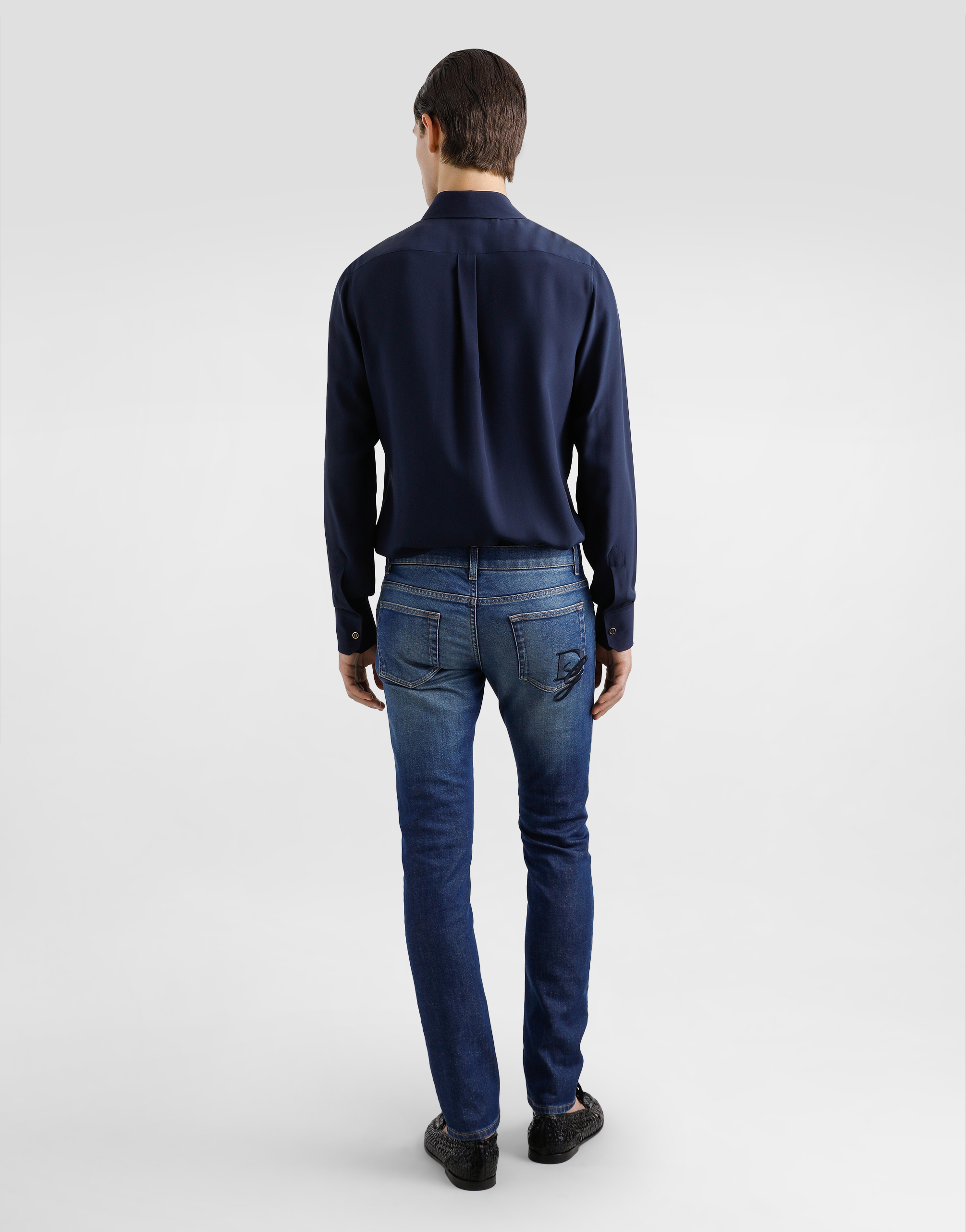 Dolce & Gabbana Silk Shirt With Logo Embroidery In Blue