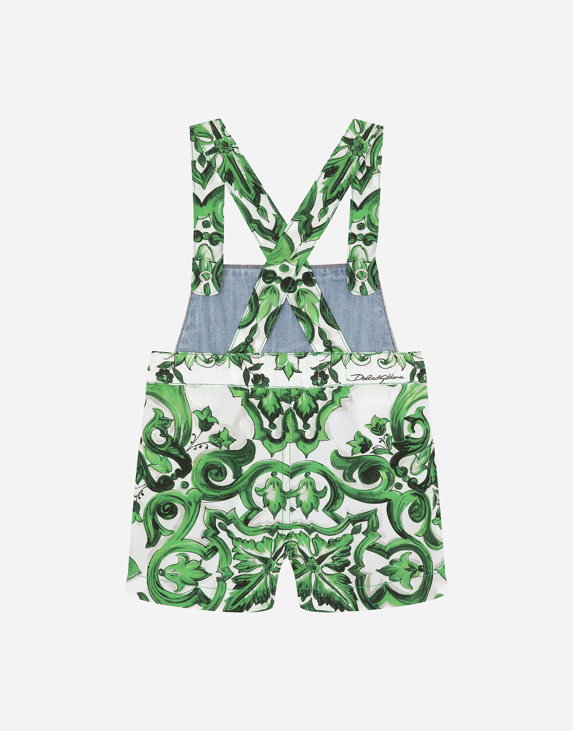 Poplin and denim dungarees with green majolica print