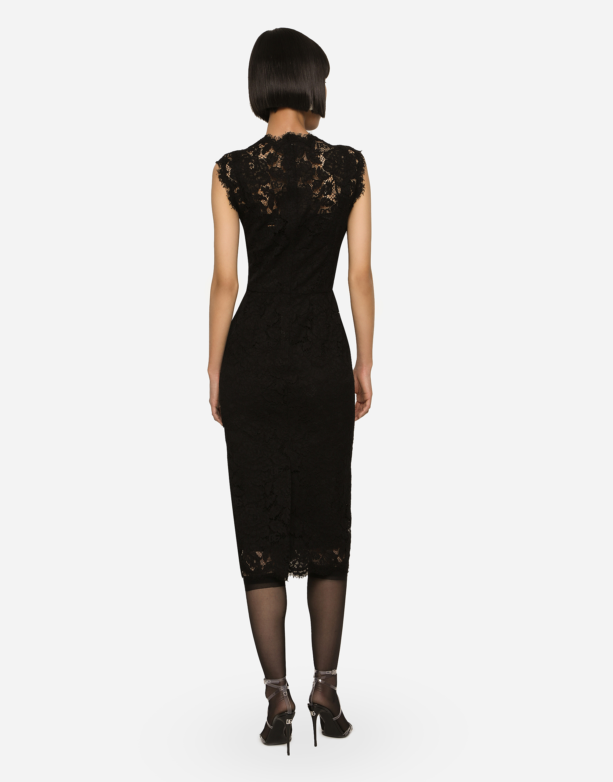 Shop Dolce & Gabbana Branded Stretch Lace Calf-length Dress In Black