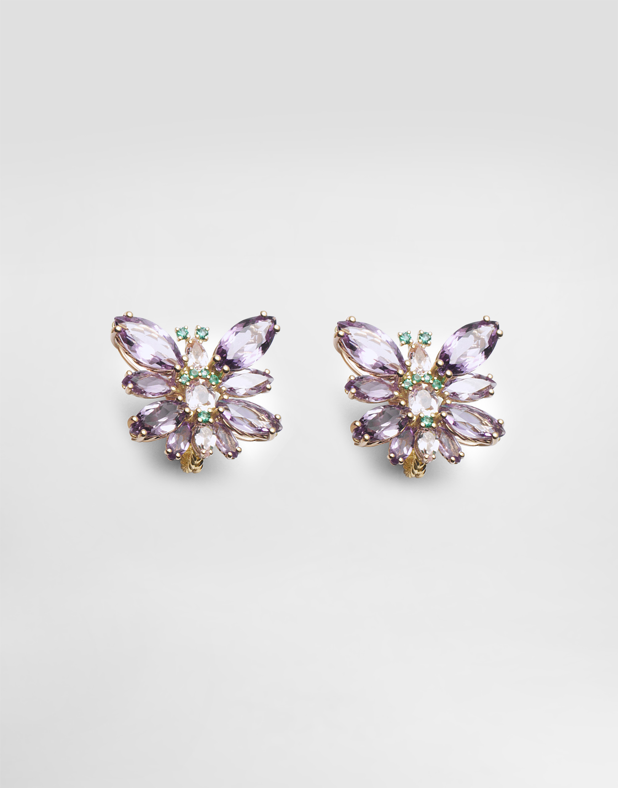 Butterfly Earrings 18-carat yellow gold, amethysts, morganites, and emeralds