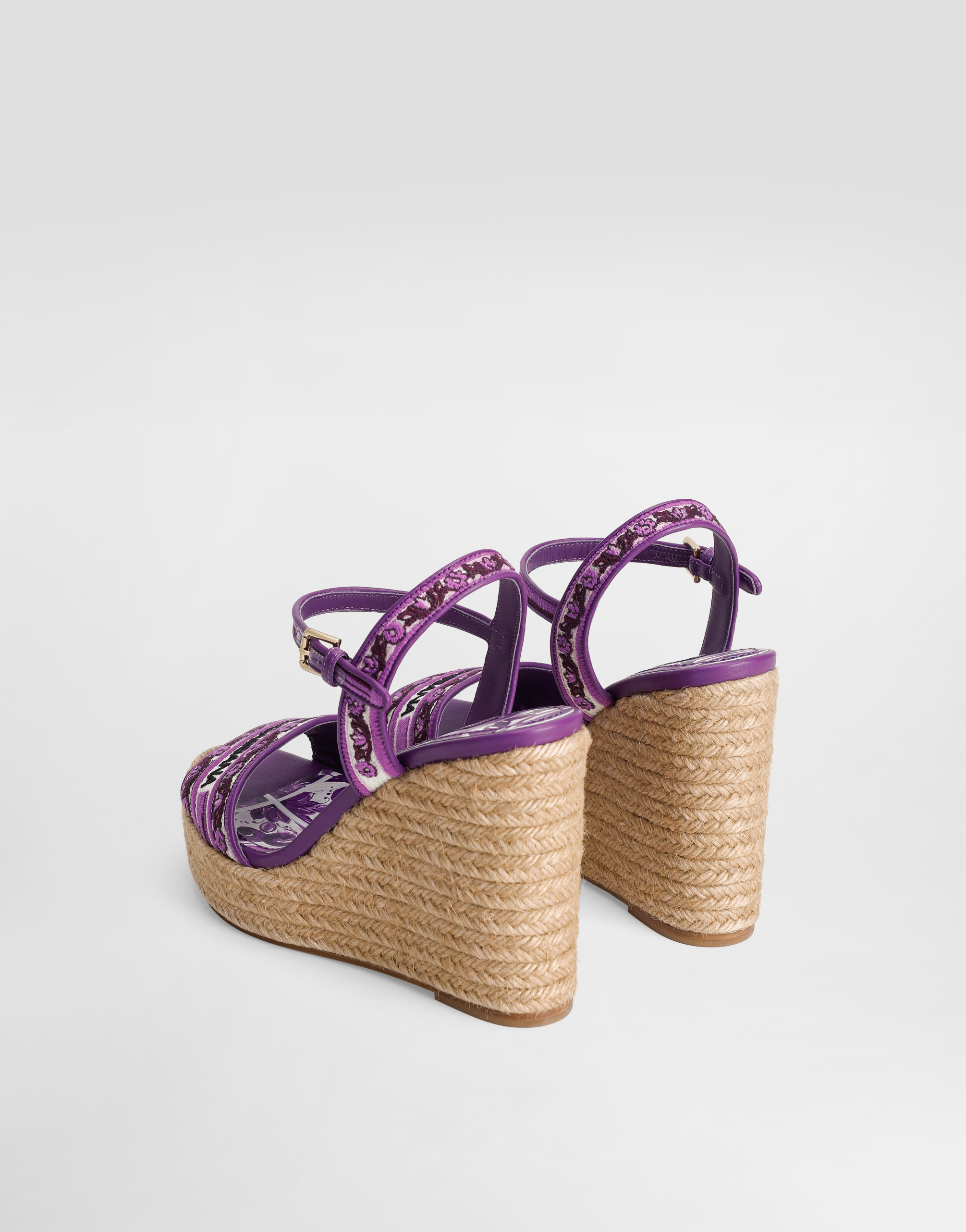 Dolce & Gabbana Violet Wedges With Logo Embroidery On The Front And All-over Majolica Motif In Cotton Blend Woman In Purple