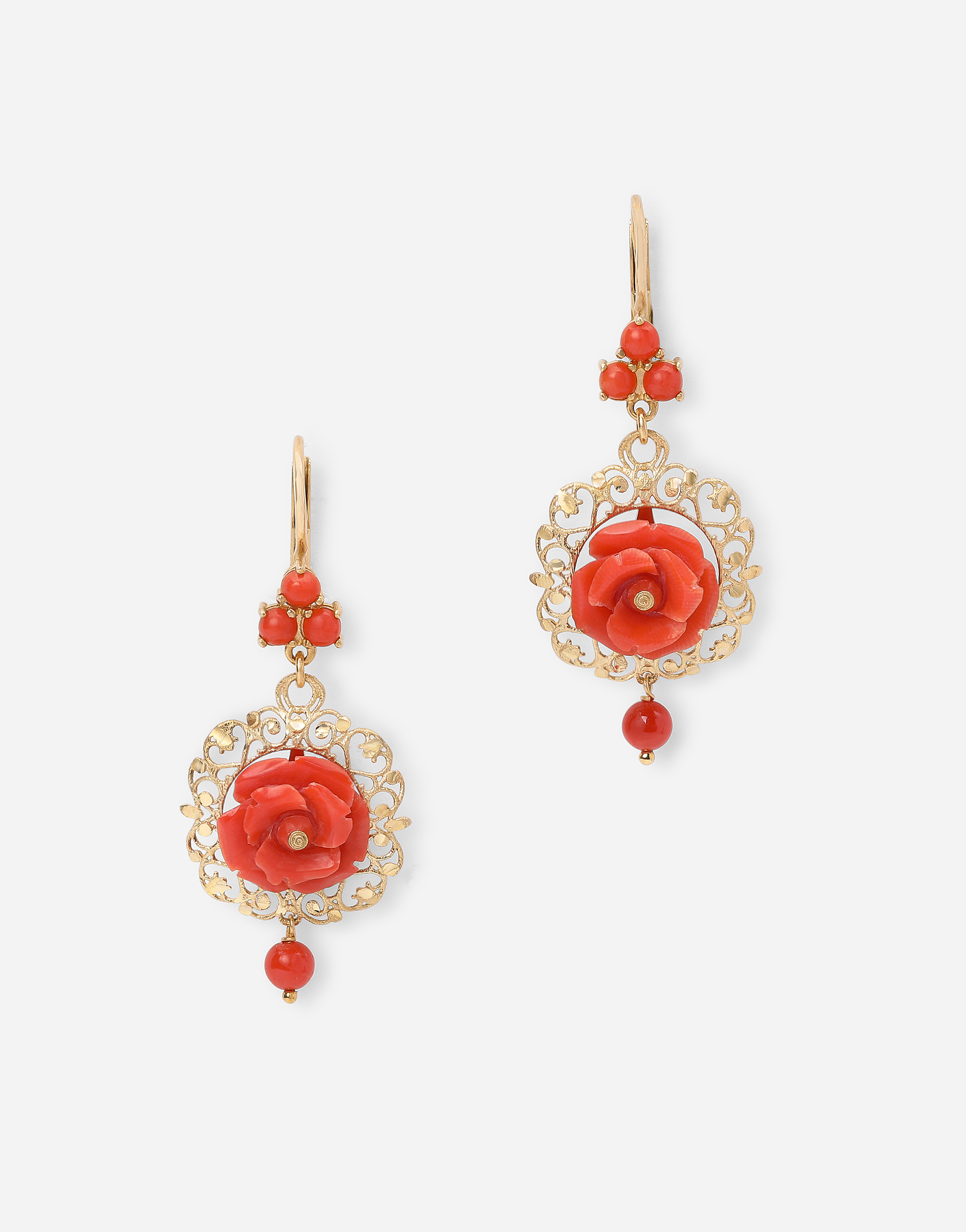Dolce & Gabbana Coral Leverback Earrings In Yellow 18kt Gold With Coral Roses - Woman Earrings Gold Onesize