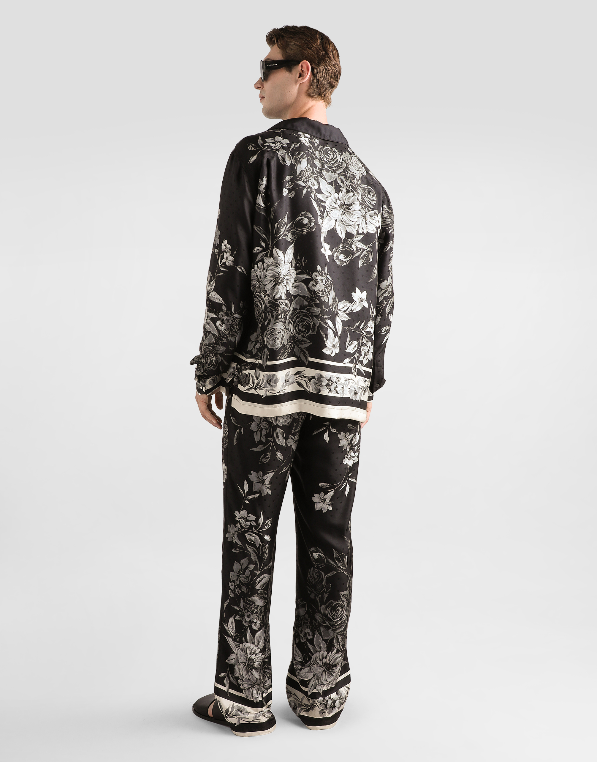 Flower bouquet-print vanity jacquard twill trousers