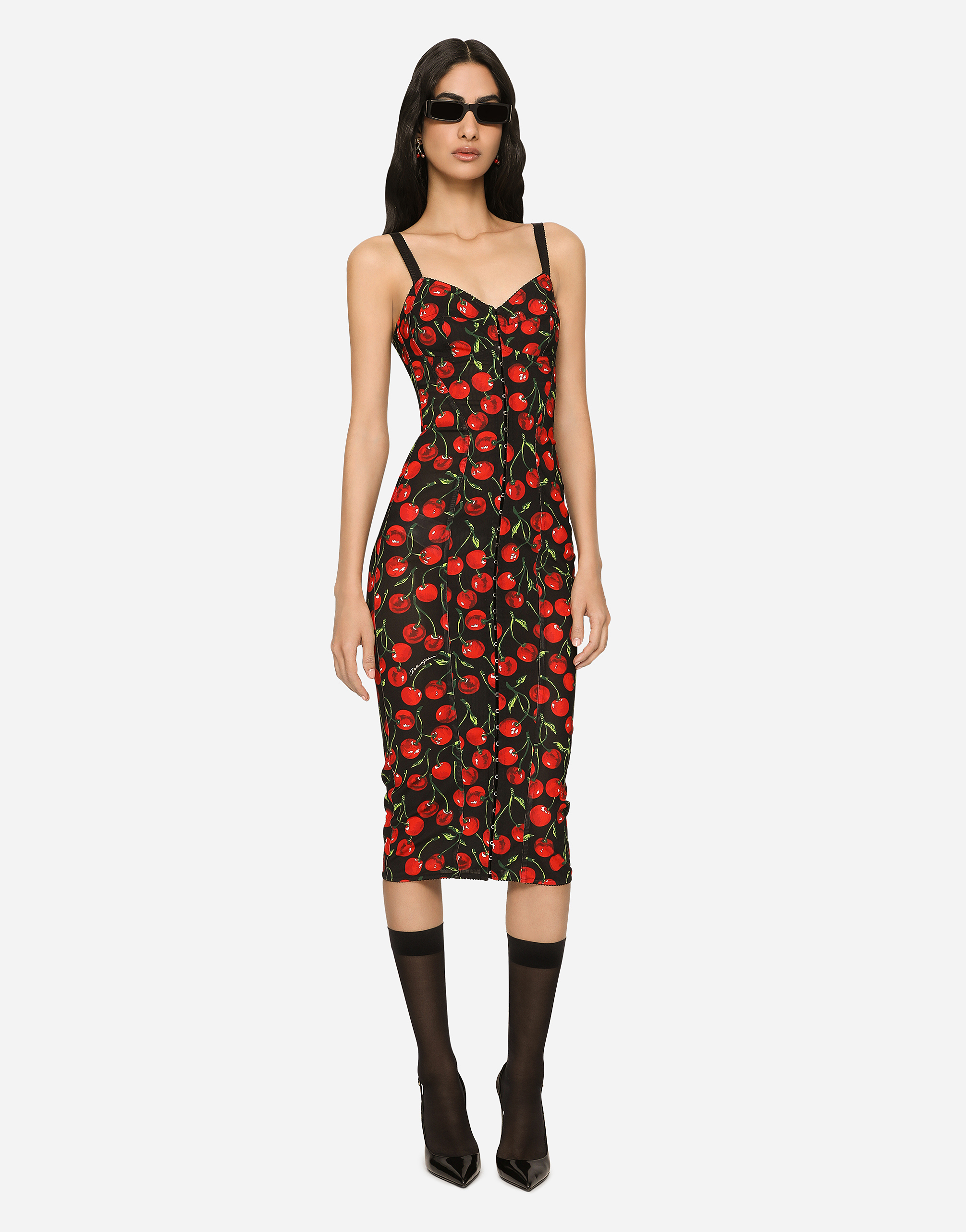 Shop Dolce & Gabbana Cherry-print Stretch Calf-length Corset Dress In Multicolor