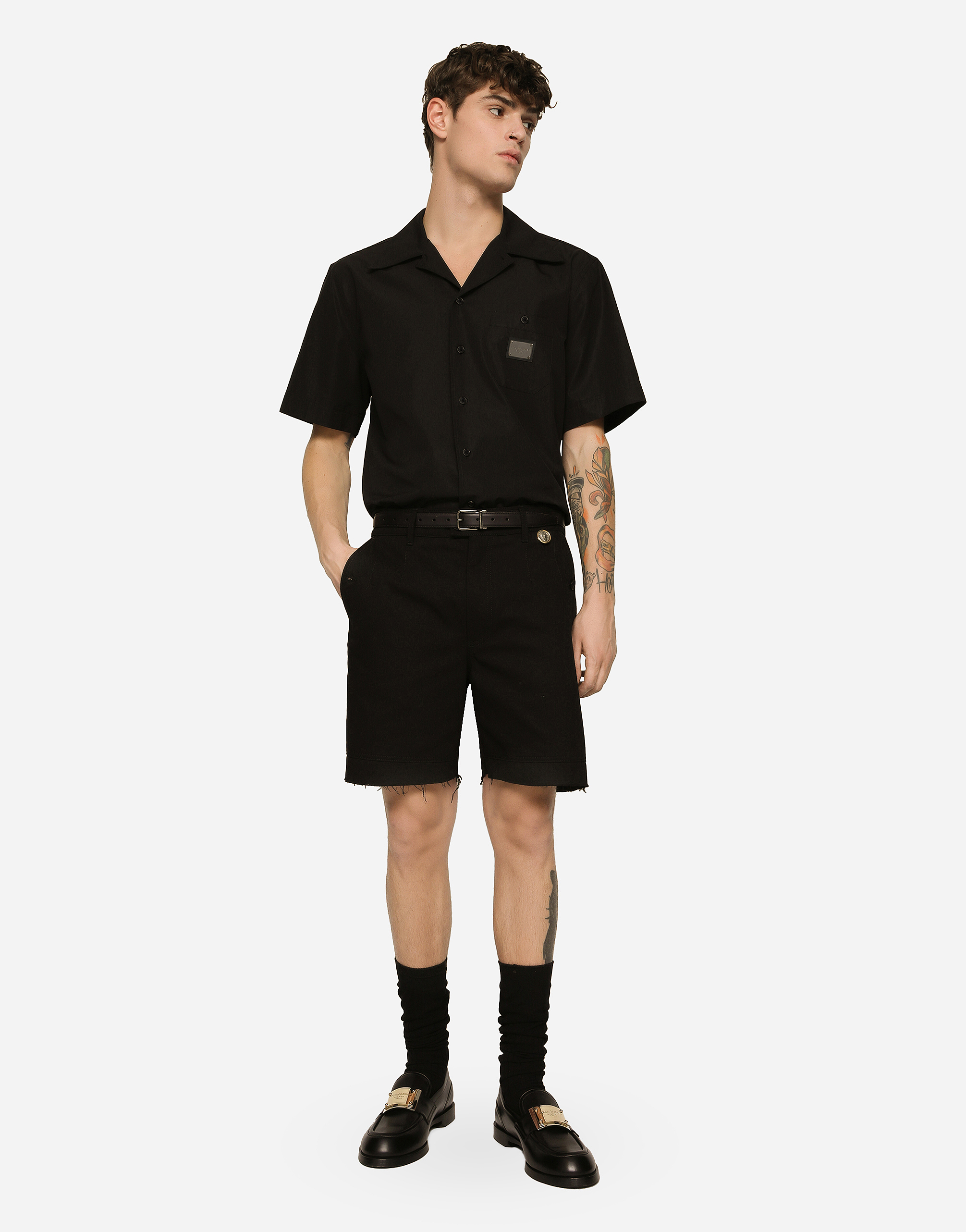 DOLCE & GABBANA COIN DETAIL STRETCH COTTON TWILL BERMUDA SHORTS