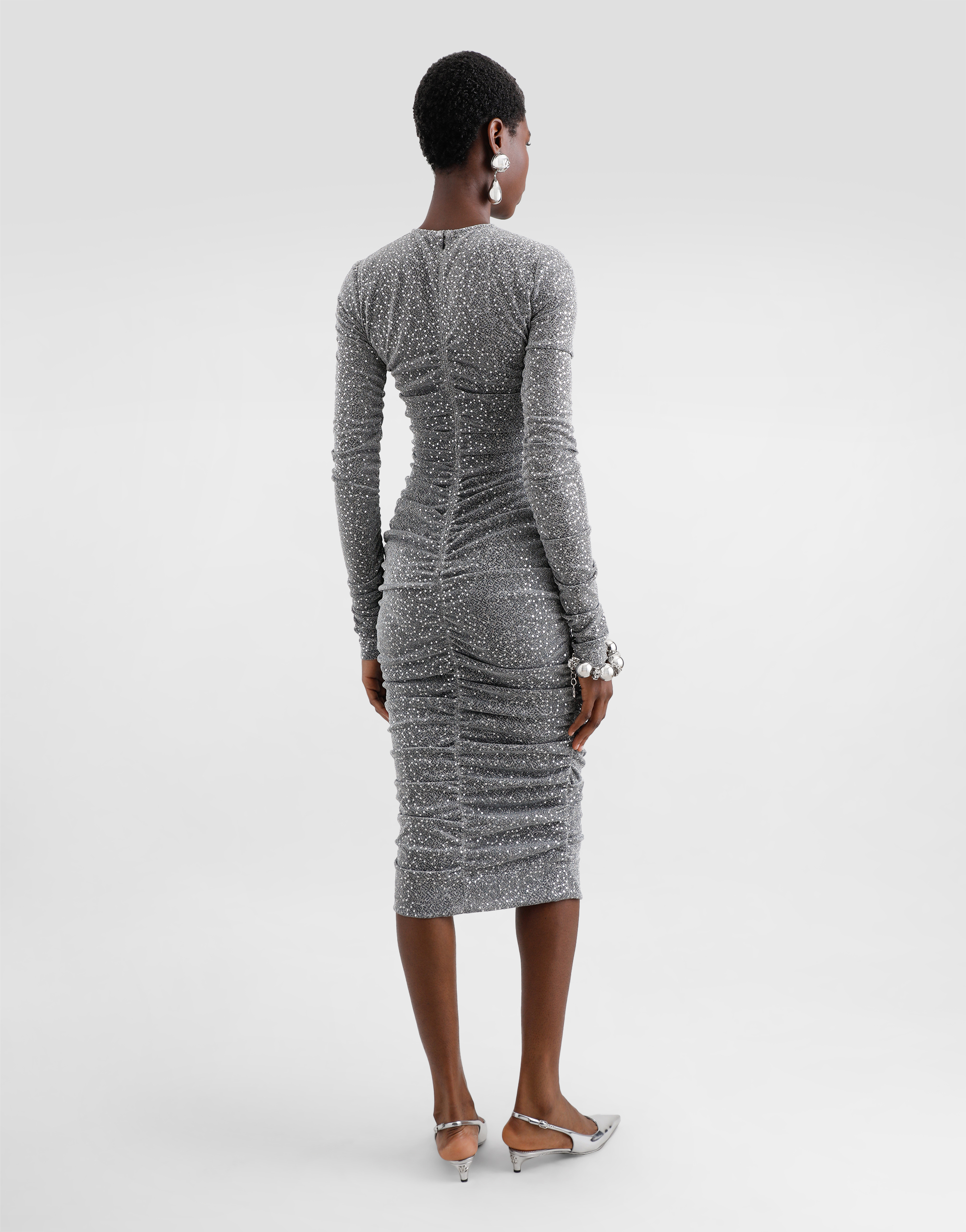 Dolce & Gabbana Sequined Draped Calf-length Dress In Silver