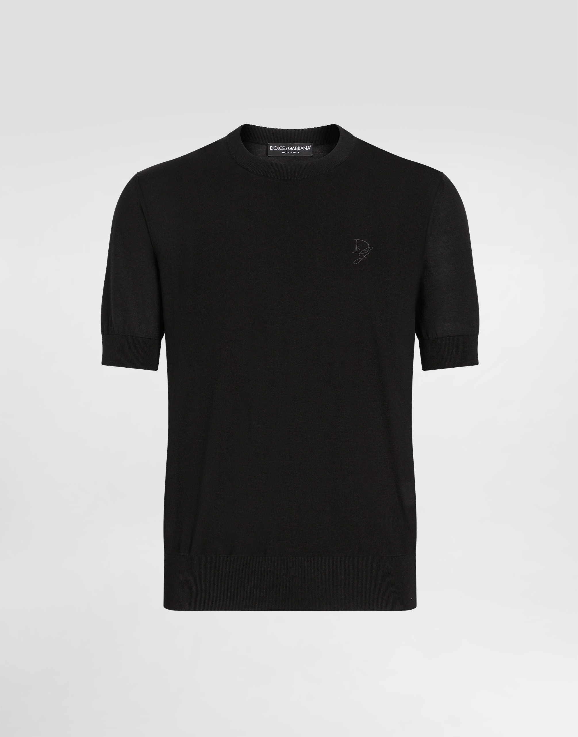 Dolce & Gabbana Silk Round-neck Sweater With Dg Embroidery - Man Sweaters And Cardigans Black