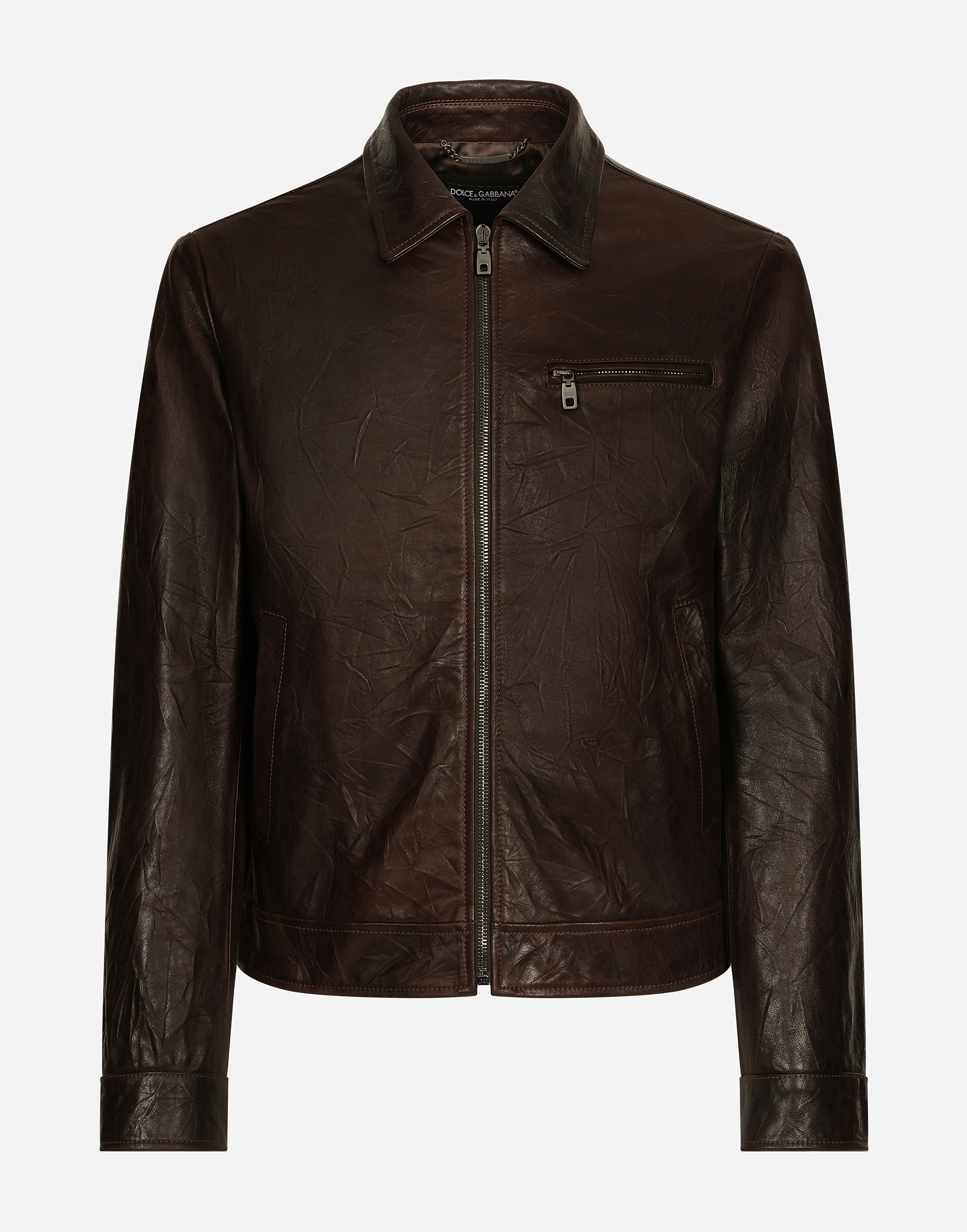 Dolce & Gabbana Zipped Leather Jacket In Brown