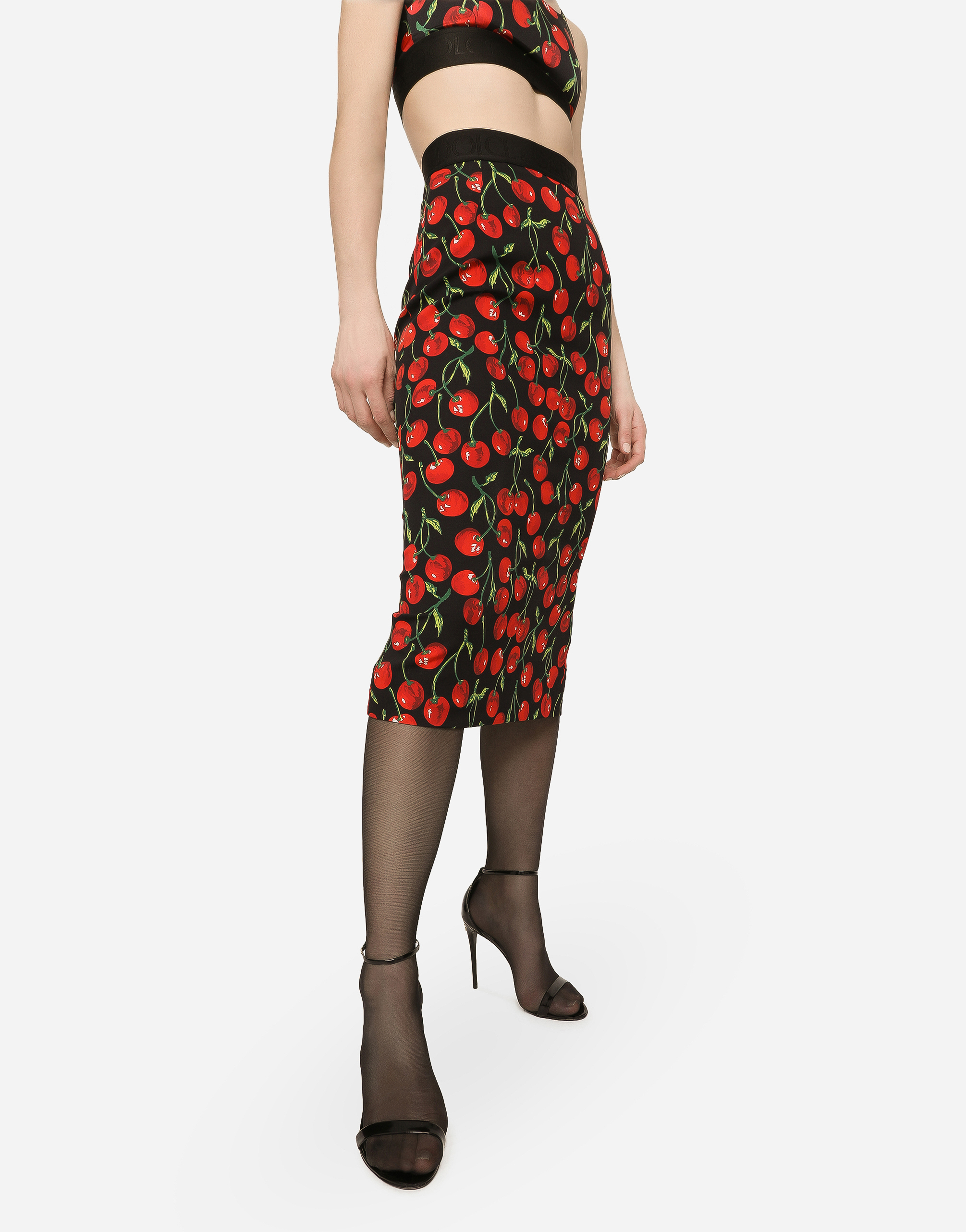 DOLCE & GABBANA HIGH-WAISTED CHARMEUSE CALF-LENGTH SKIRT WITH CHERRY PRINT