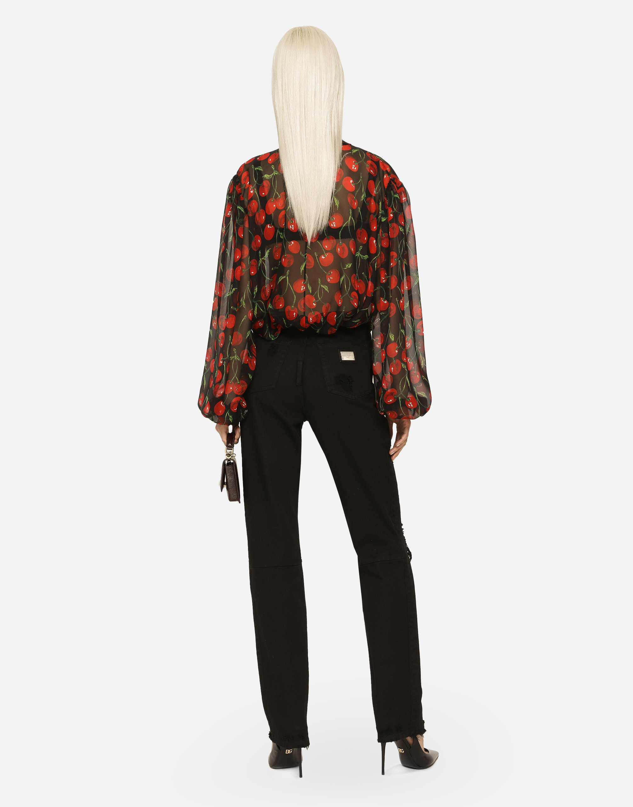 DOLCE & GABBANA CHERRY-PRINT CHIFFON PUSSY-BOW BLOUSE