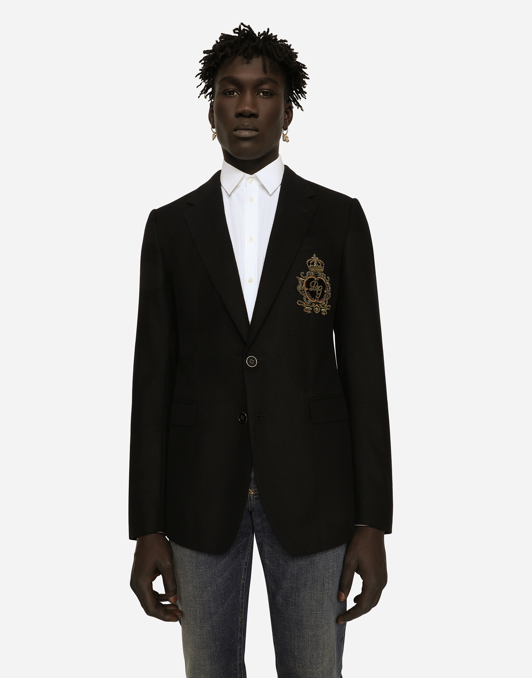 Dolce & Gabbana Single-breasted Wool And Cashmere Jacket With Dg Patch In Black