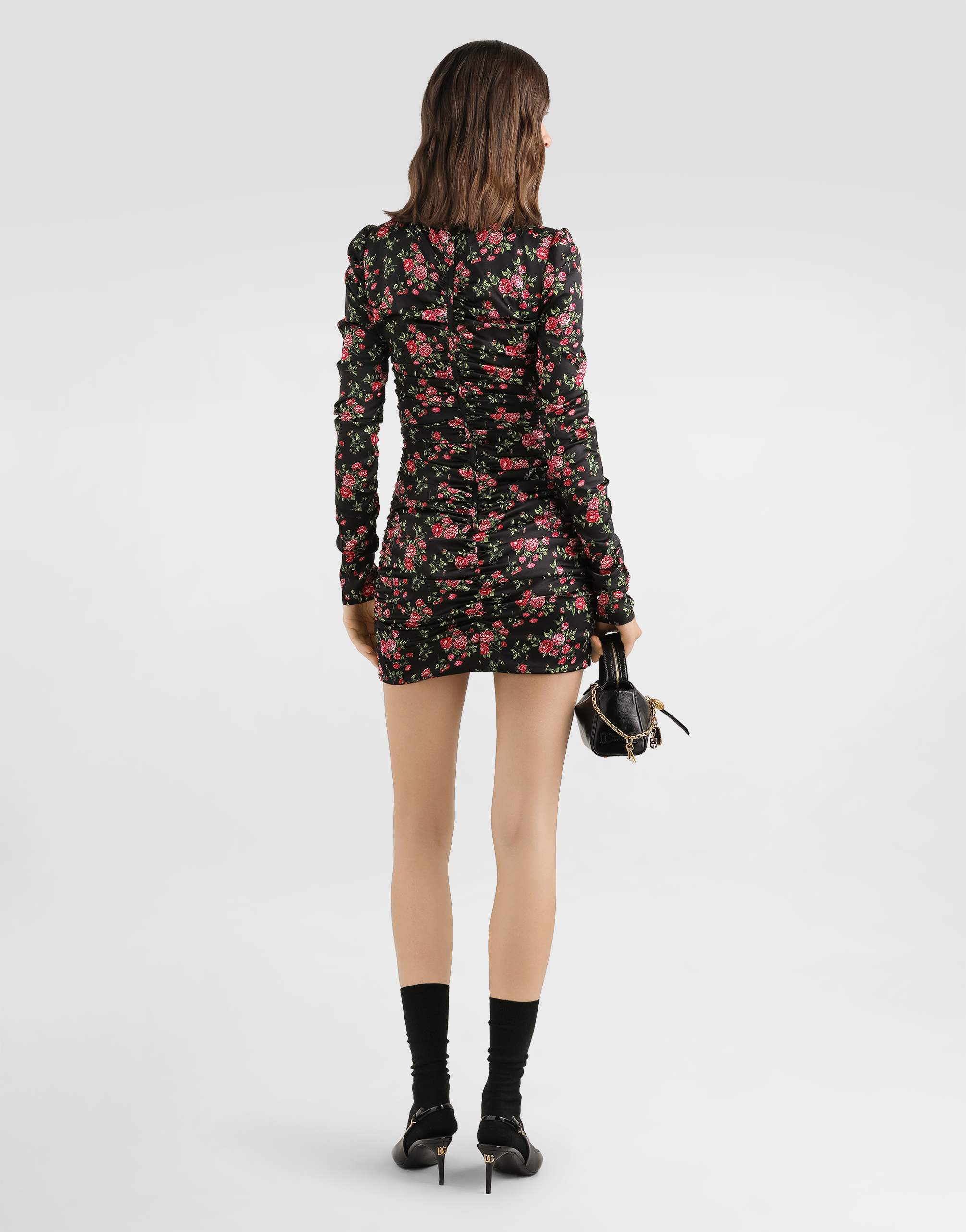 Dolce & Gabbana Black Dress With Floral Print And Side Draping In Silk Woman In Multi