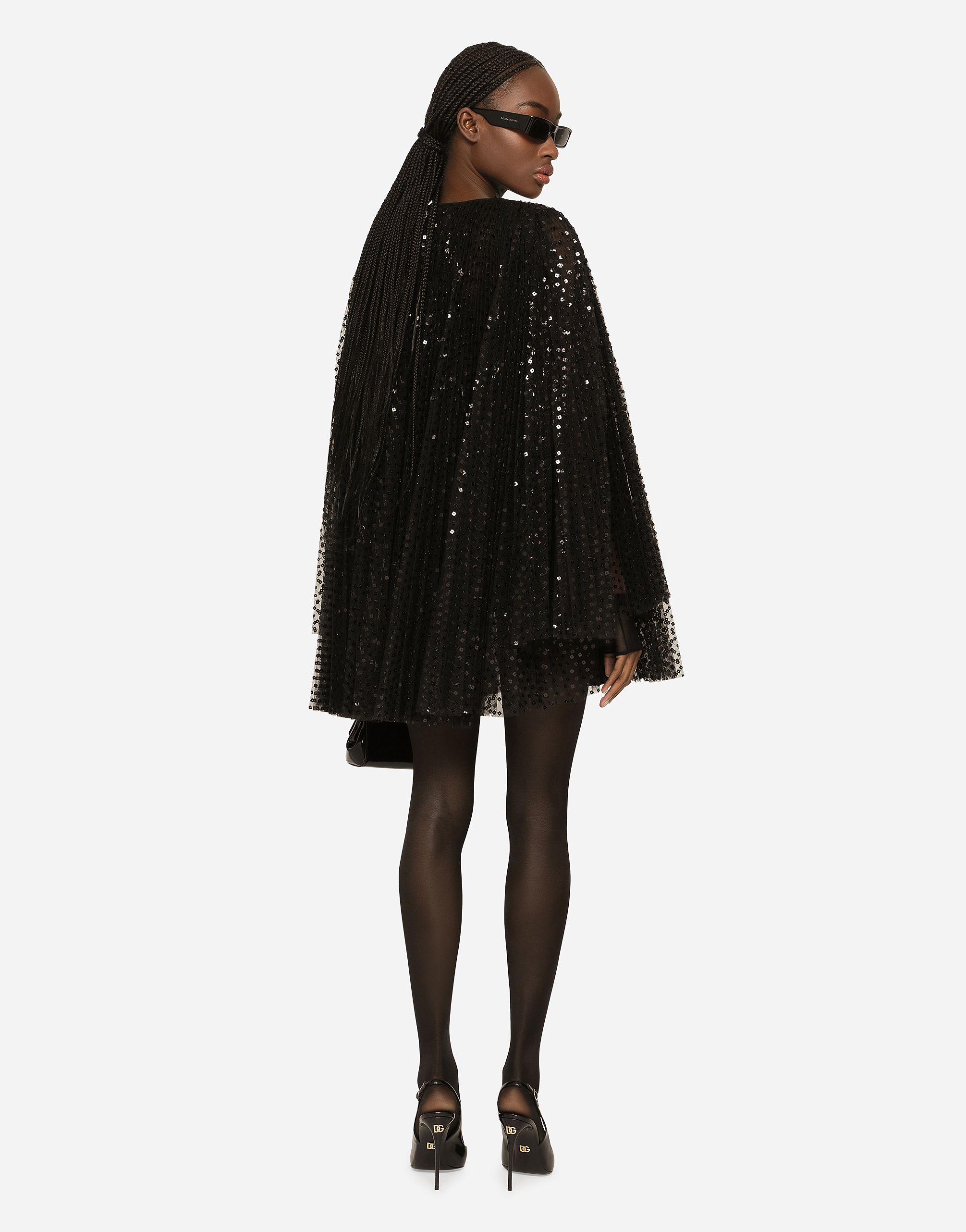DOLCE & GABBANA SHORT PLEATED DRESS WITH FULL SEQUINED SLEEVES