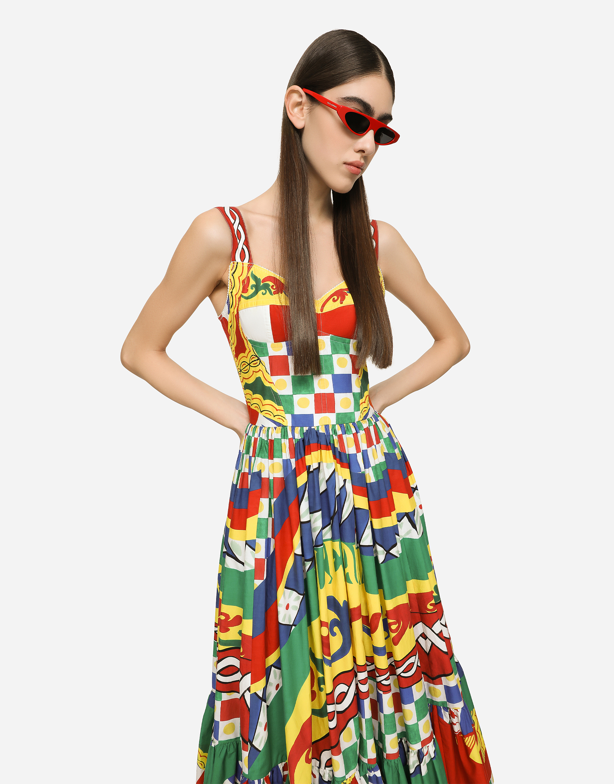 DOLCE & GABBANA CALF-LENGTH BUSTIER DRESS IN CARRETTO-PRINT POPLIN