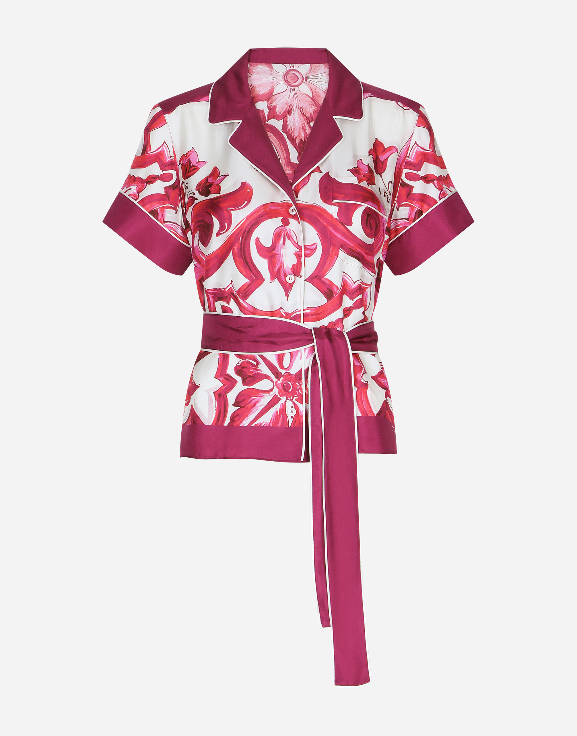 Dolce & Gabbana Majolica-print Twill Shirt With Belt In Multicolor