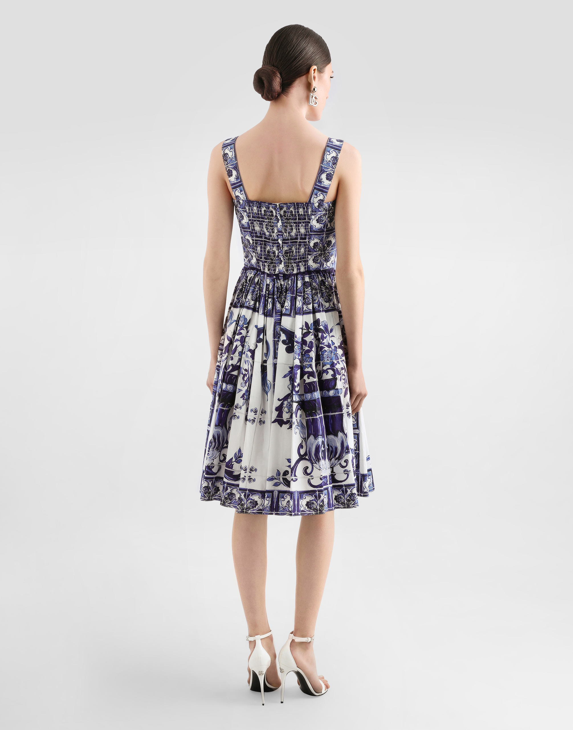  Dolce & Gabbana Midi Corset Dress In Cotton Poplin With Majolica Print - Woman Dresses Blue Cotton 48 