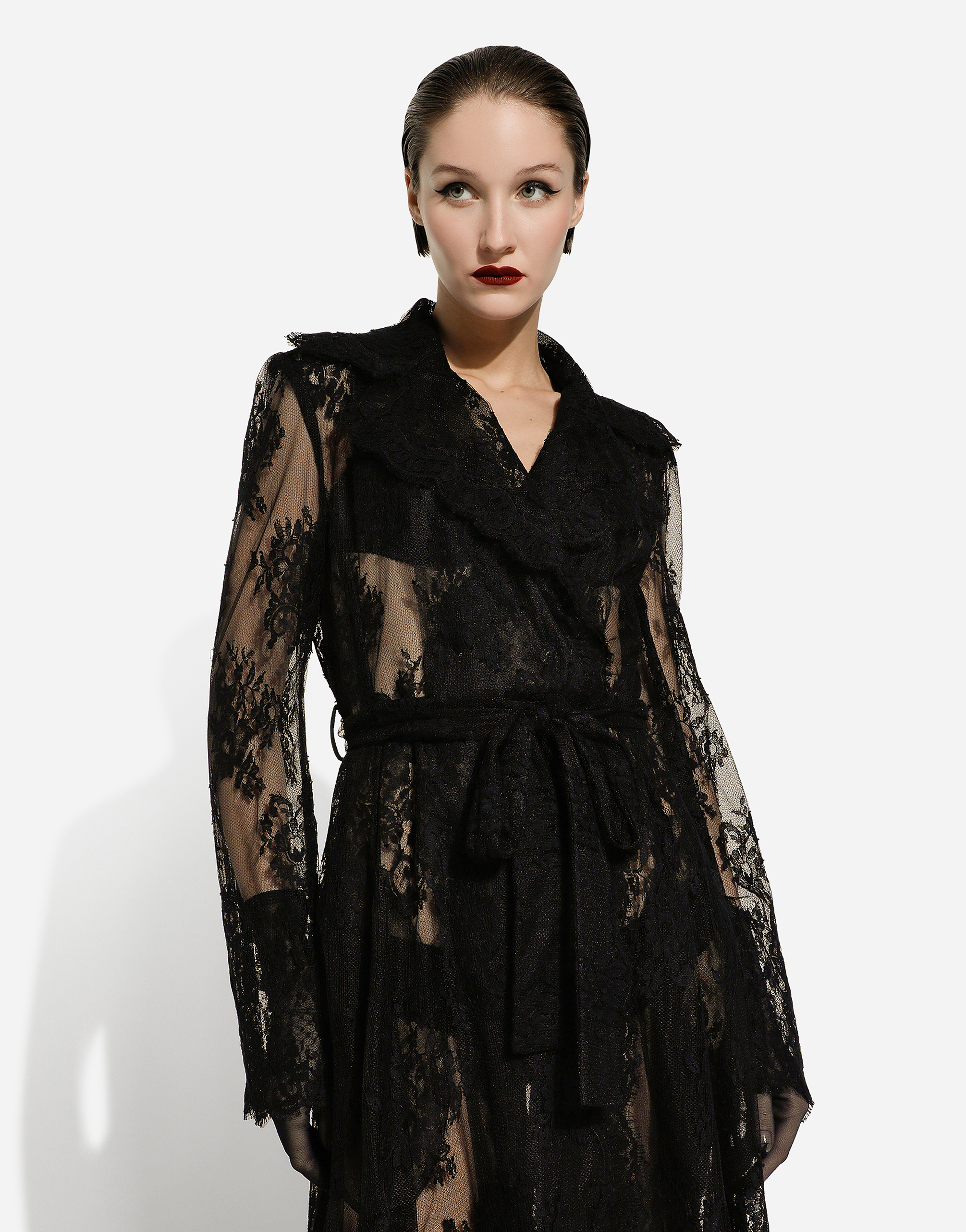 DOLCE & GABBANA CHANTILLY LACE COAT WITH BELT