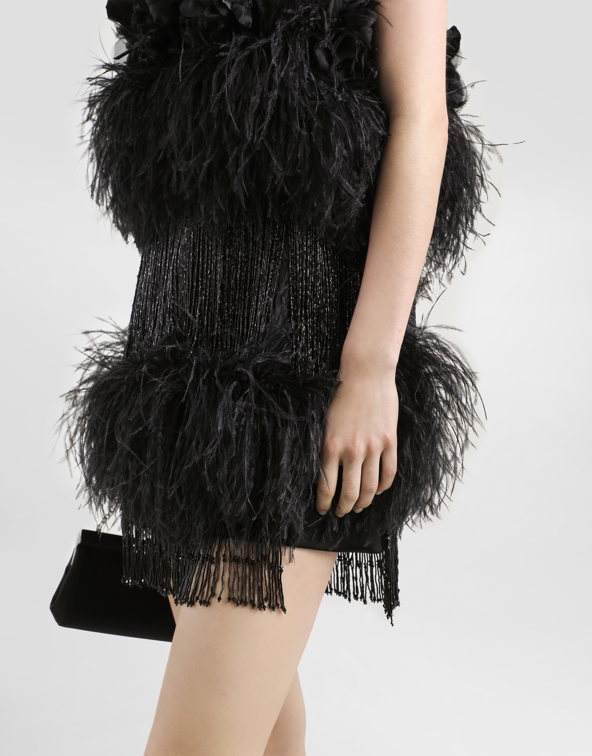 Satin dress with feathers