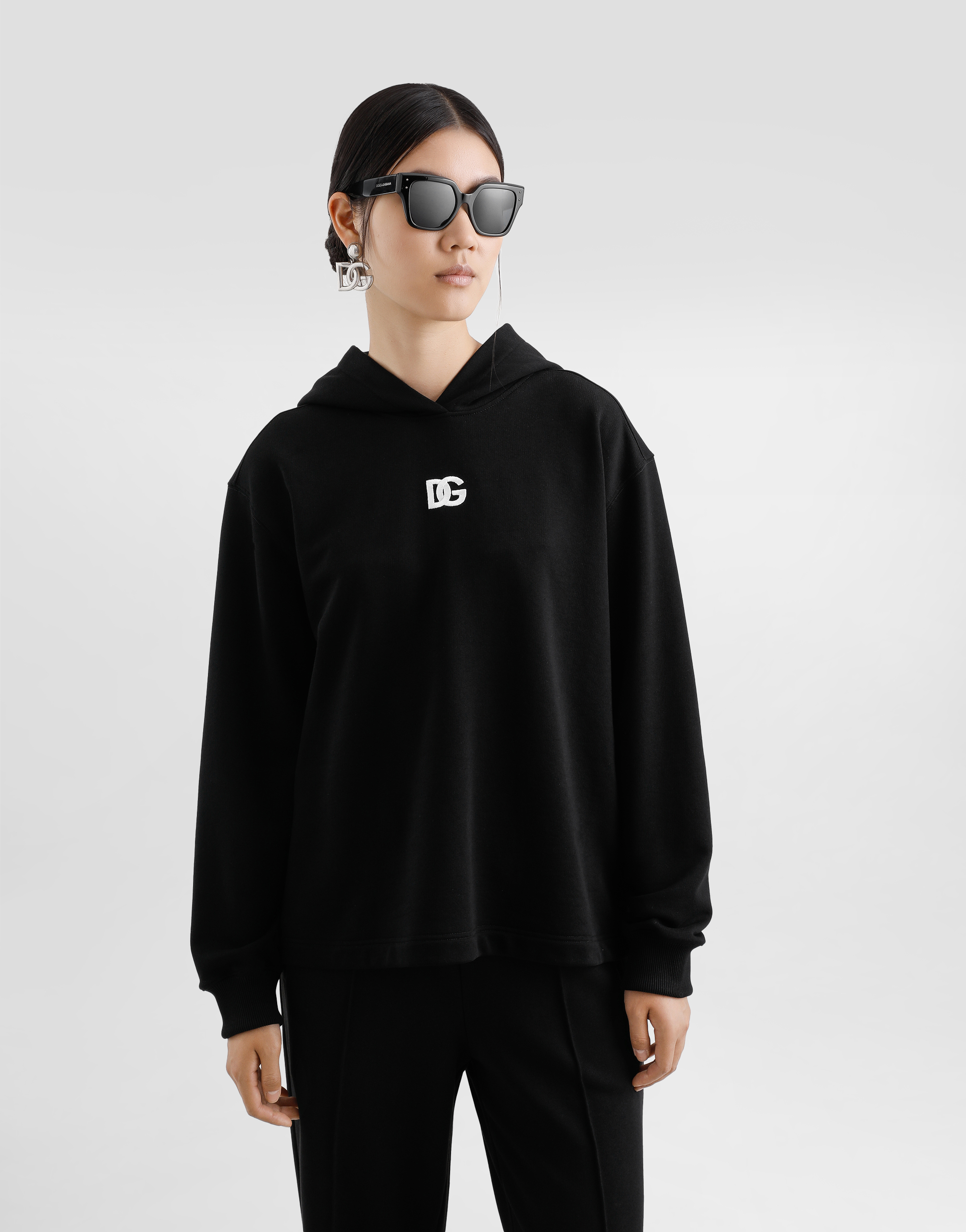 Dolce & Gabbana Jersey Hoodie With Dg Embroidery In Black