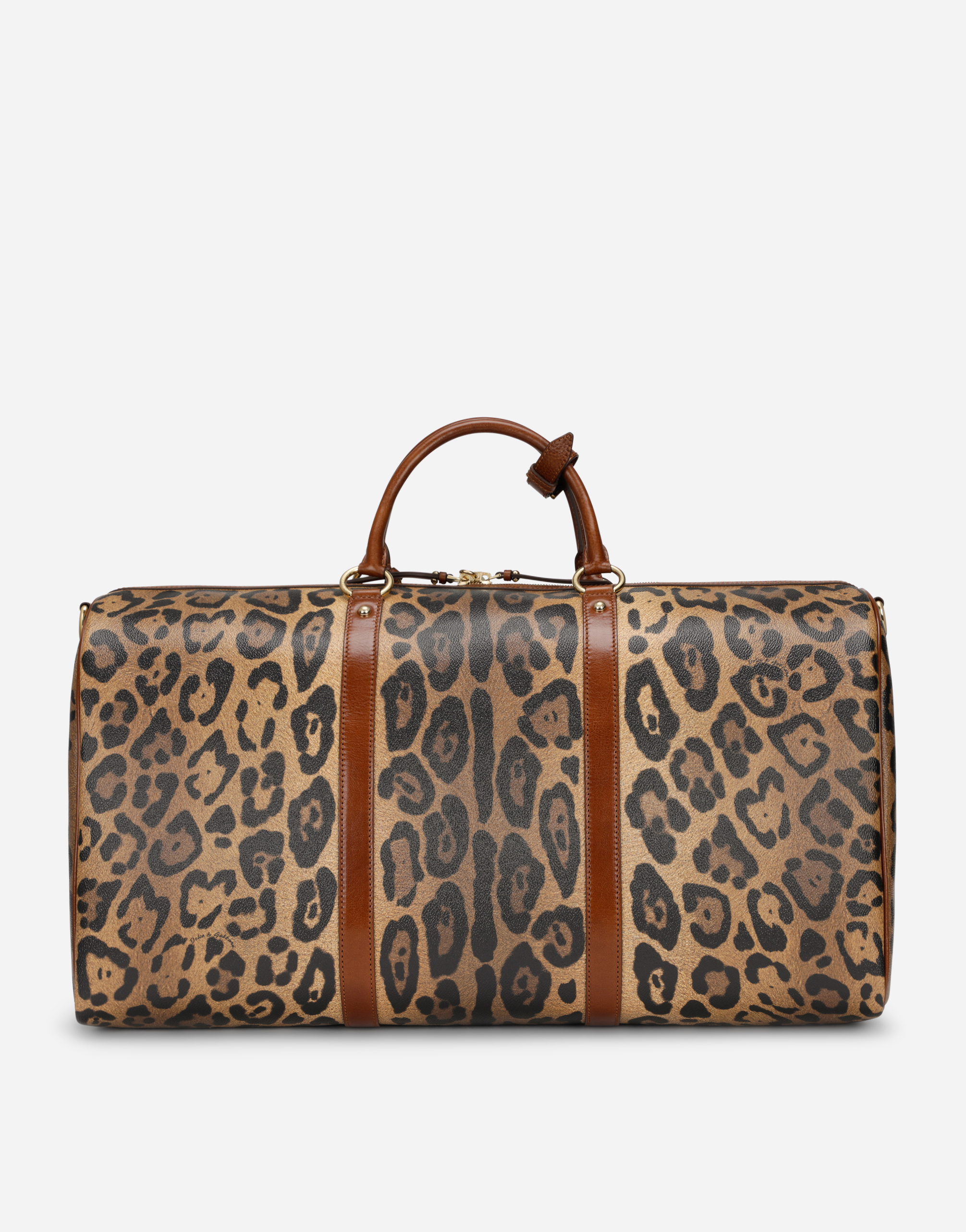 DOLCE & GABBANA MEDIUM TRAVEL BAG IN LEOPARD-PRINT CRESPO WITH BRANDED PLATE