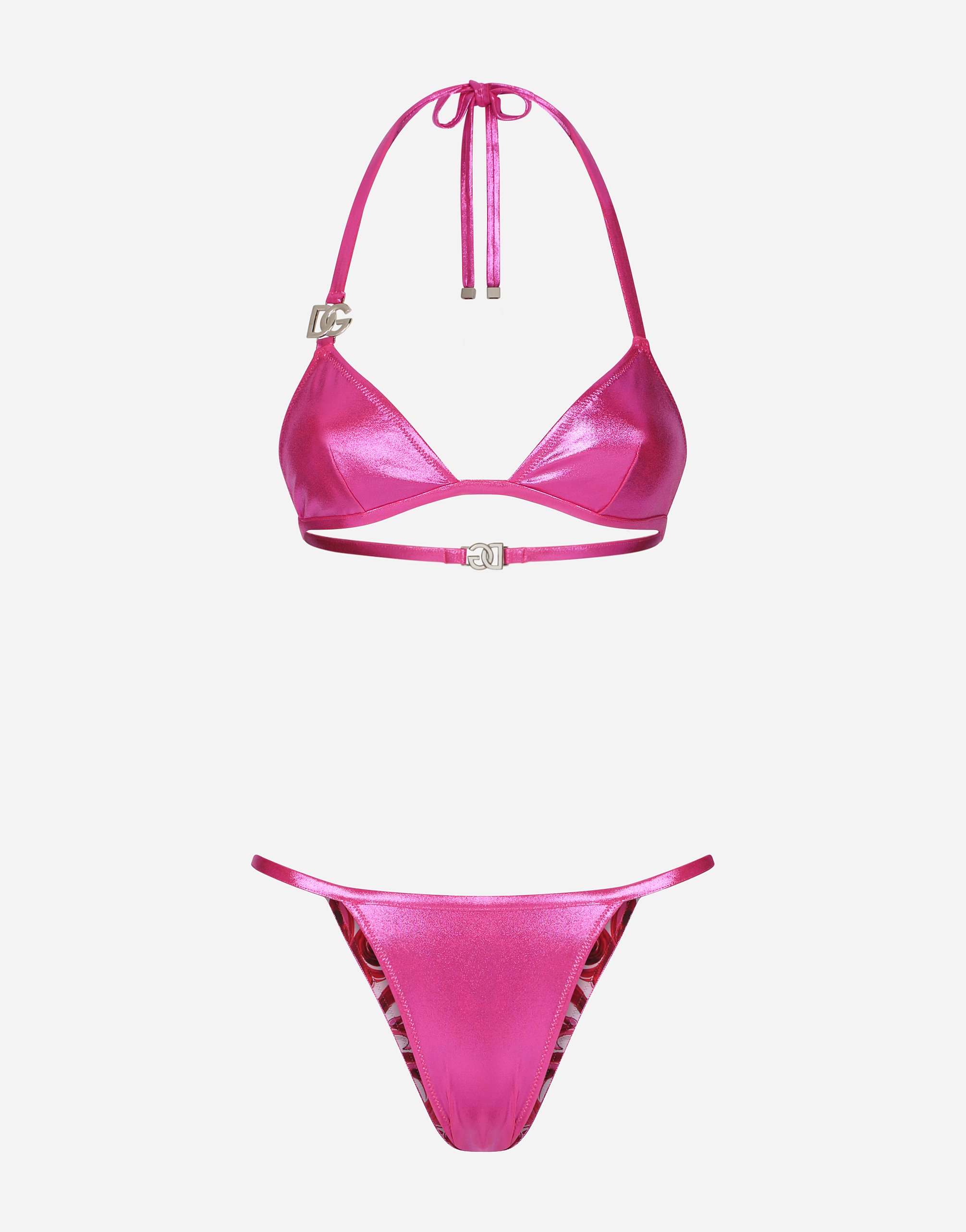 Shop Dolce & Gabbana Laminated Triangle Bikini Top With Dg Logo In Pink