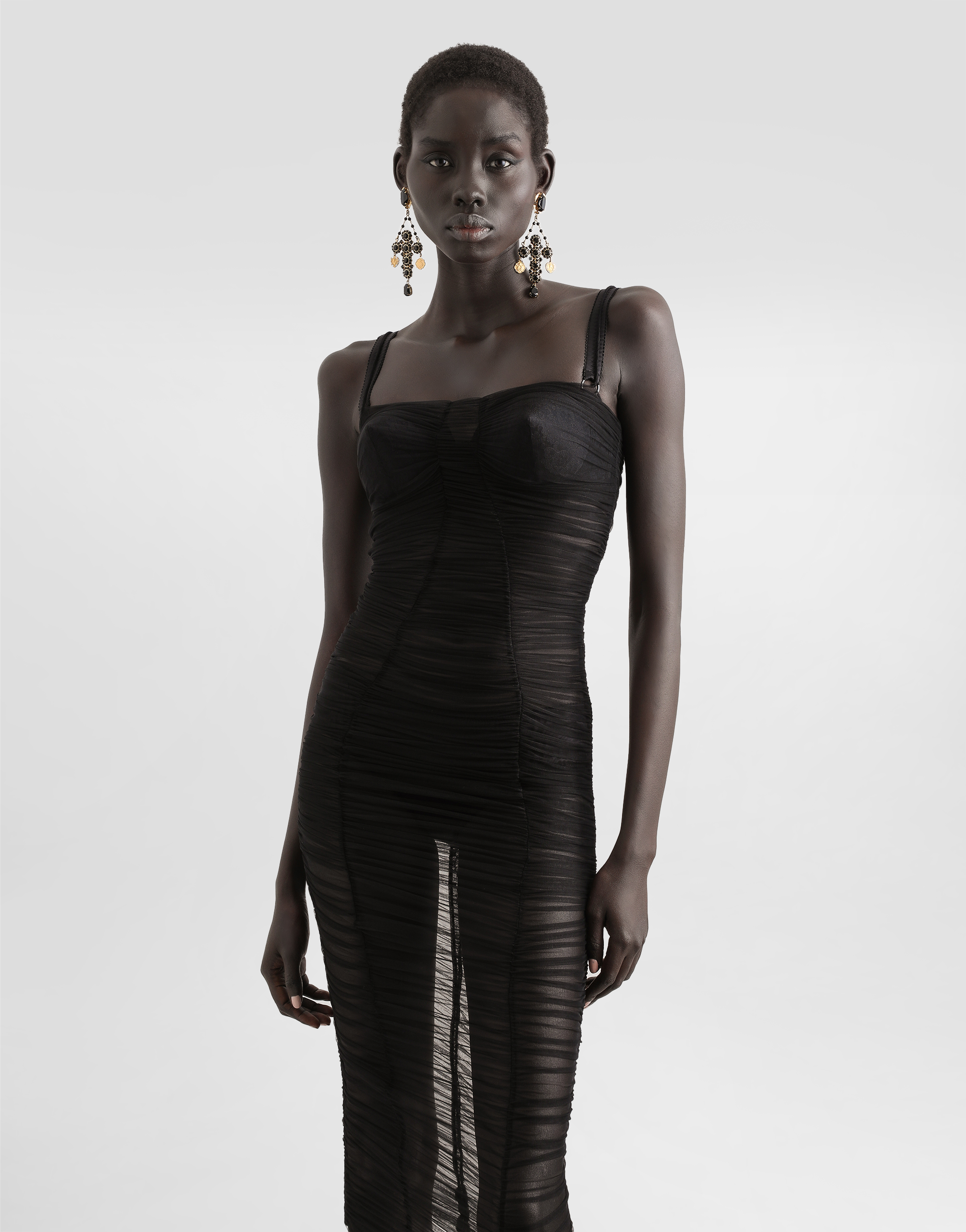 Dolce & Gabbana Tulle Calf-length Dress With Draping In Black