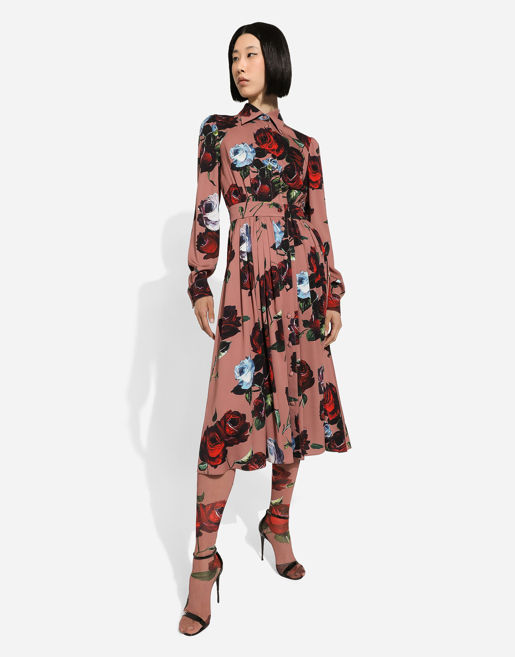 Shop Dolce & Gabbana Charmeuse Shirt Dress With Vintage Rose Print