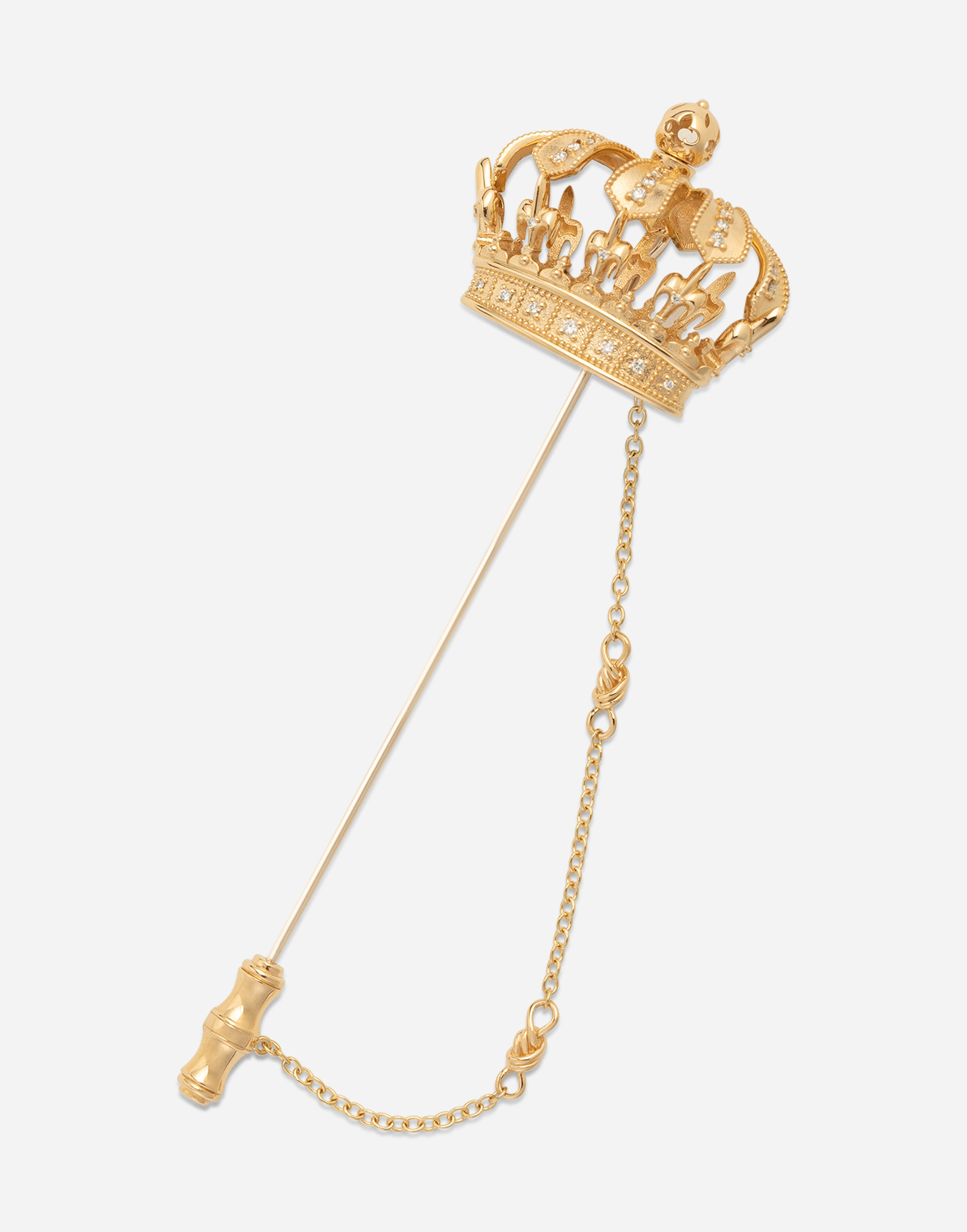 Dolce & Gabbana Crown Stick Pin Brooch In Yellow And White Gold With Curly Gold Thread Embellishments And Sphere