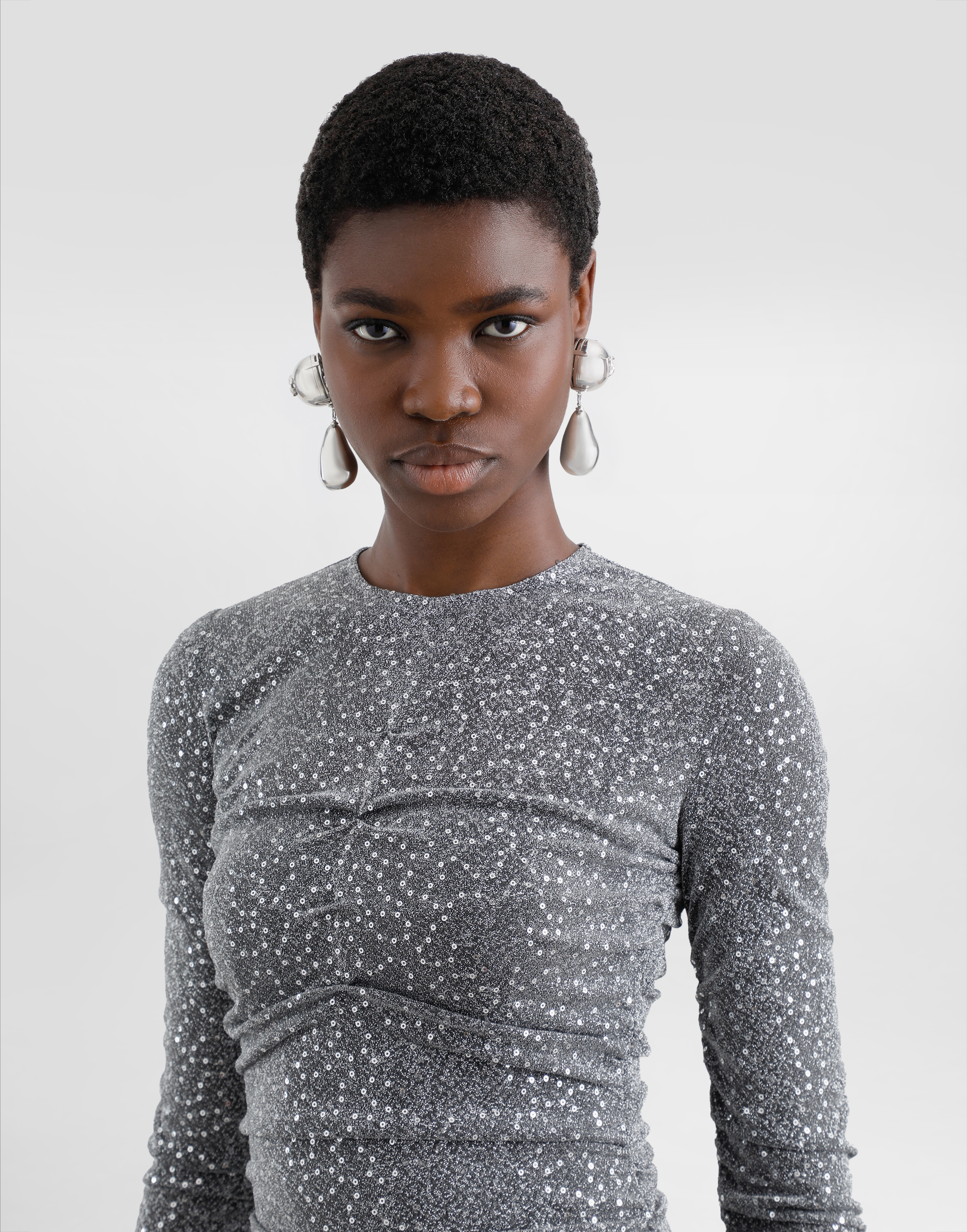 Dolce & Gabbana Sequined Draped Calf-length Dress In Silver
