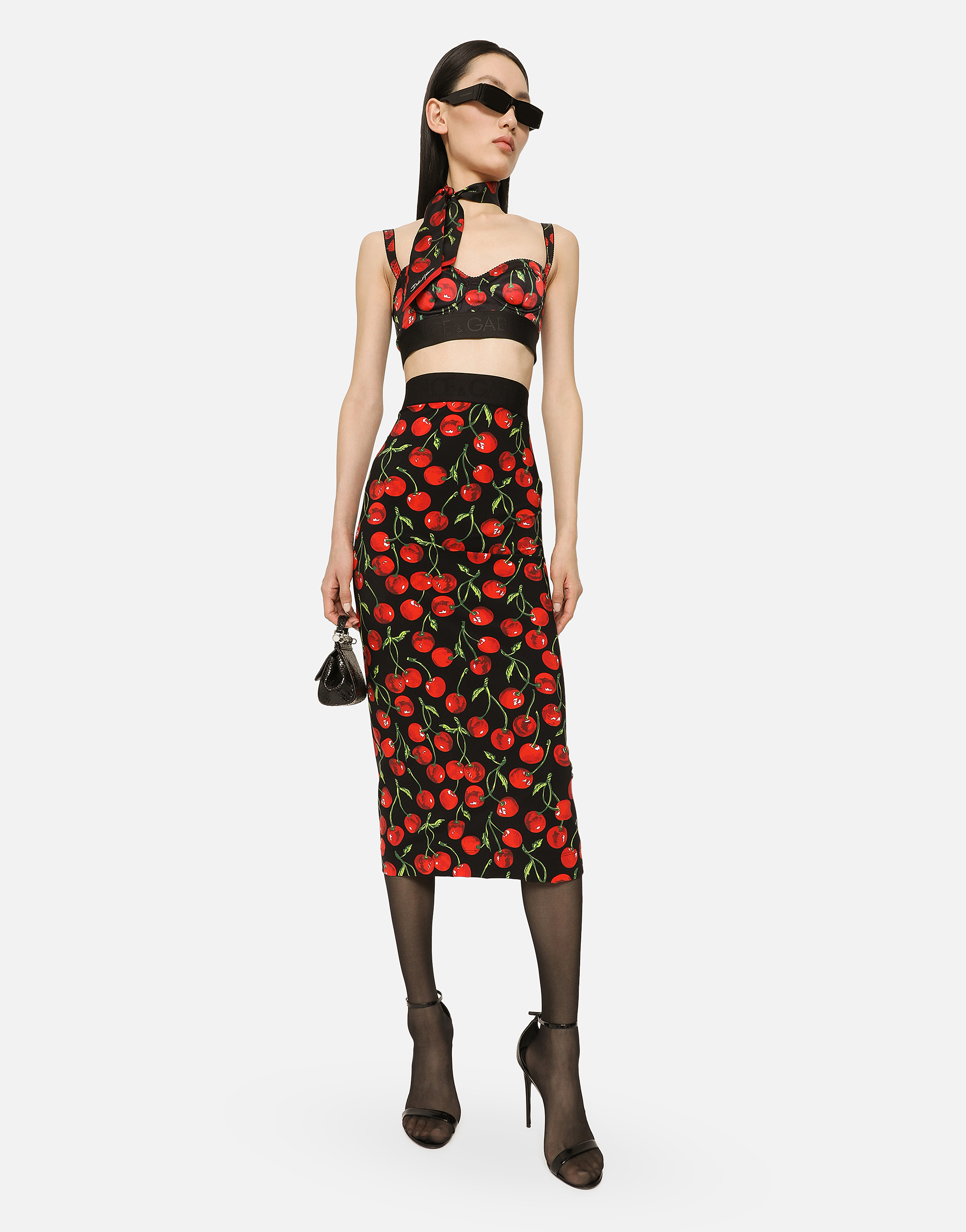 Shop Dolce & Gabbana Technical Jersey Calf-length Skirt With Elasticated Band With Logo And Cherry Print In Multicolor