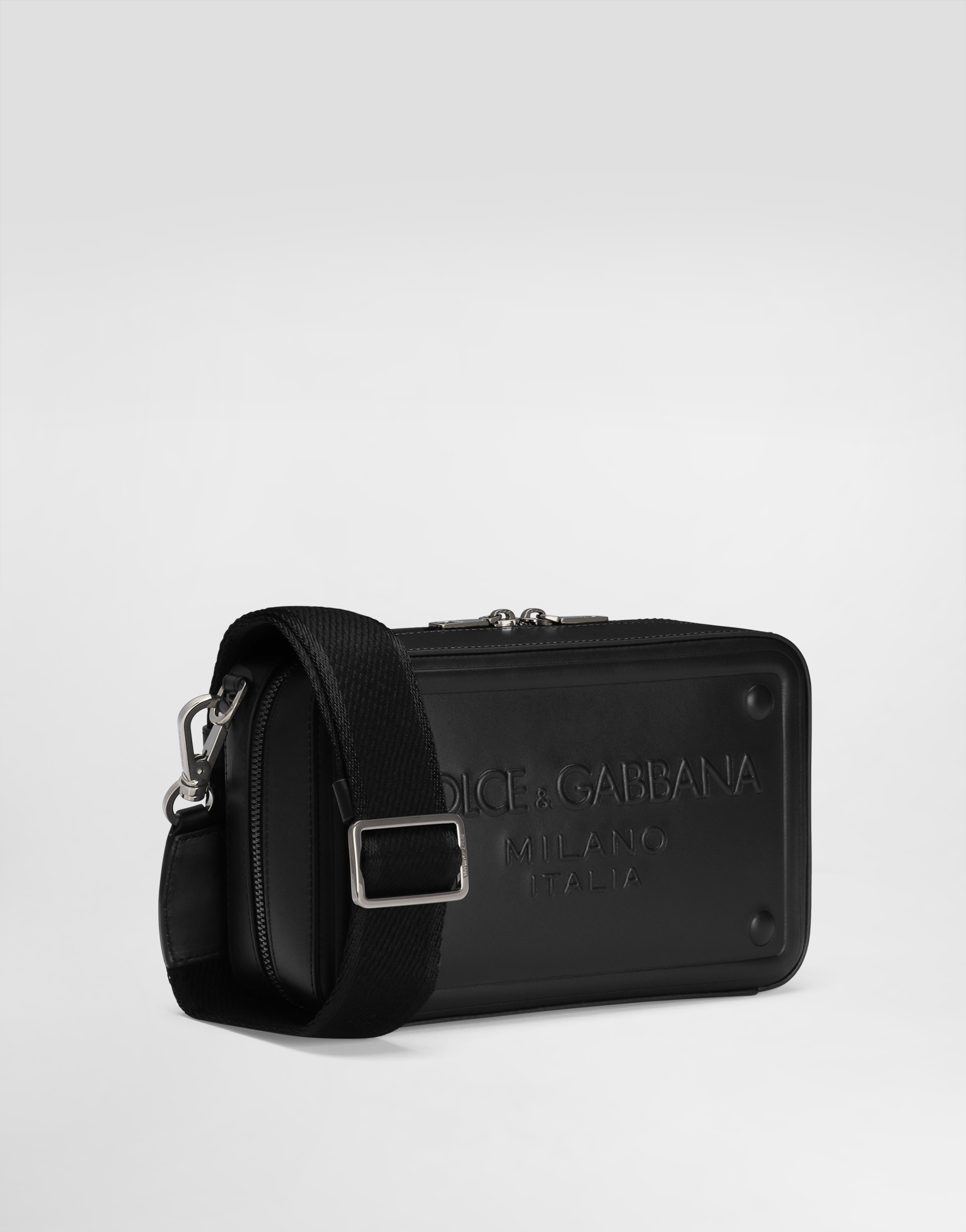 Dolce & Gabbana Calfskin Crossbody Bag With Raised Logo In Black