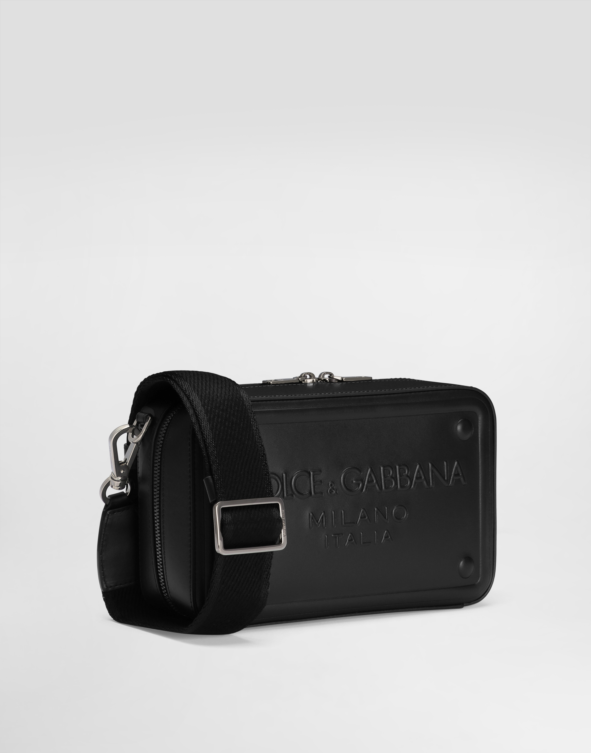 Shop Dolce & Gabbana Calfskin Crossbody Bag With Raised Logo In Black