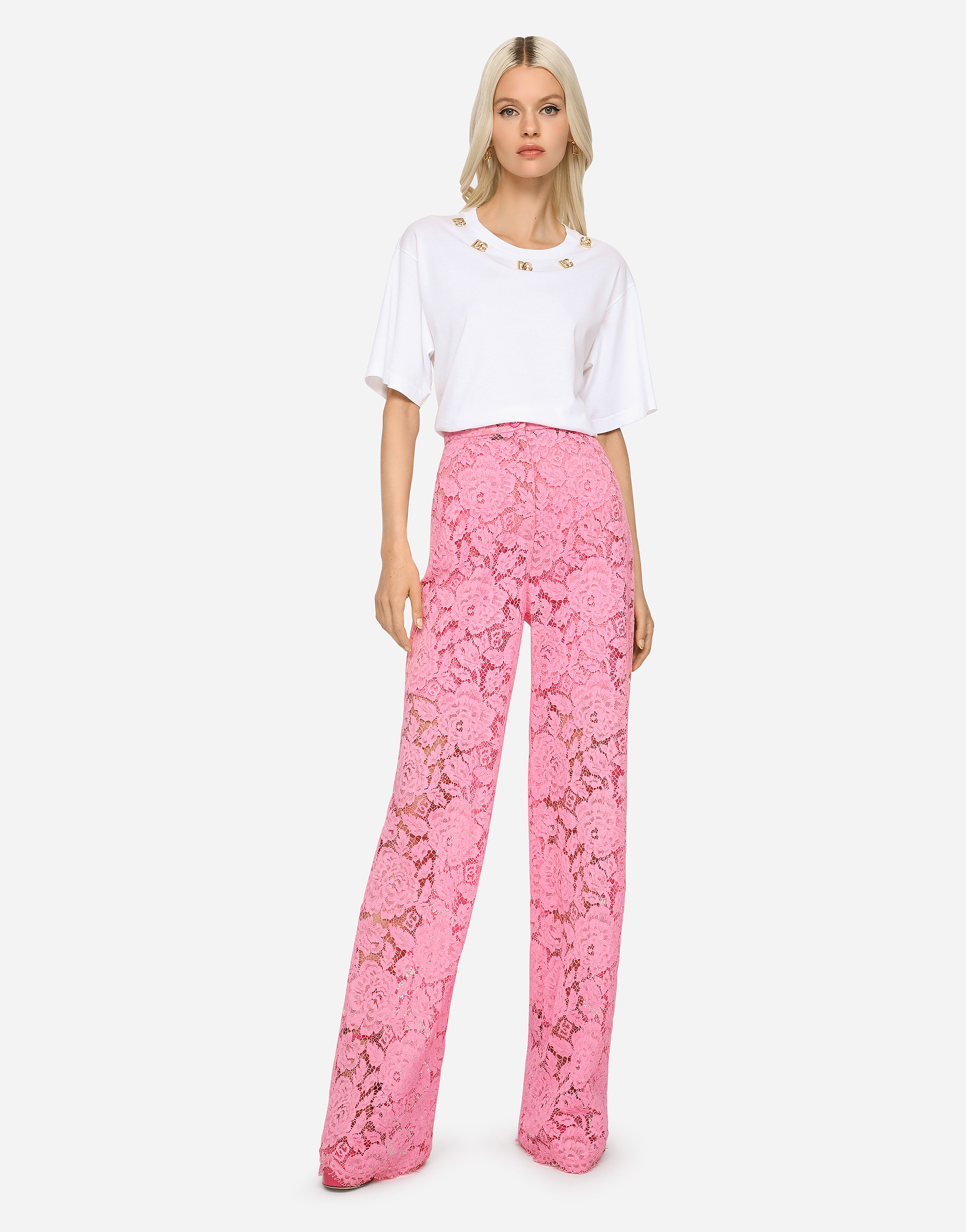 Shop Dolce & Gabbana Flared Branded Stretch Lace Pants In Pink