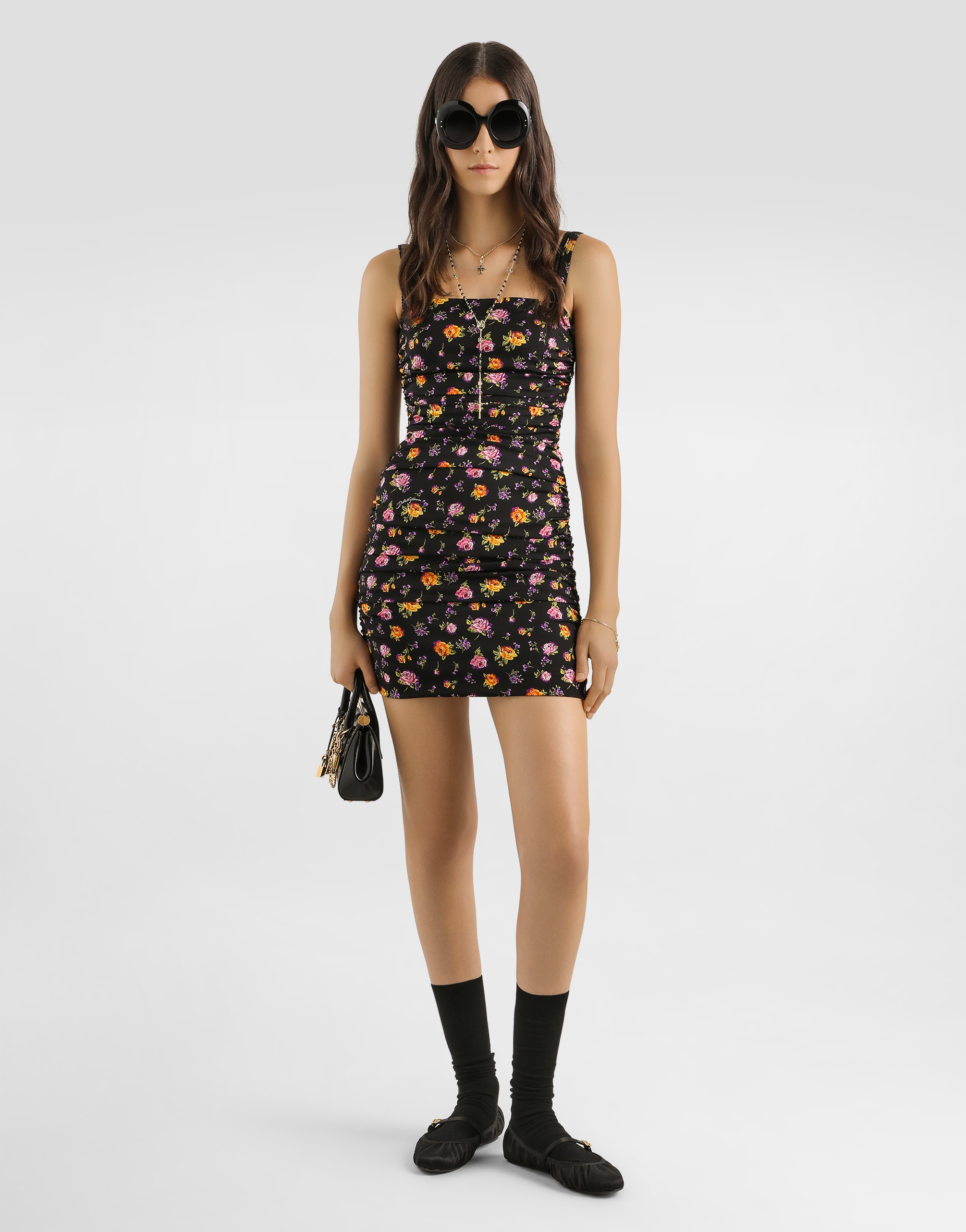 Dolce & Gabbana Small Rose Bouquets-print Draped Charmeuse Dress In Multi