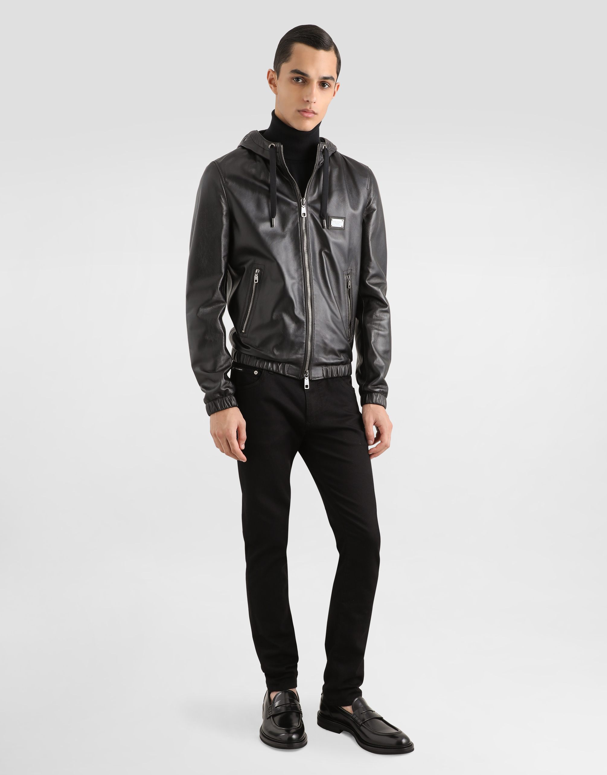 Dolce & Gabbana Leather Jacket With Hood And Branded Tag In Black