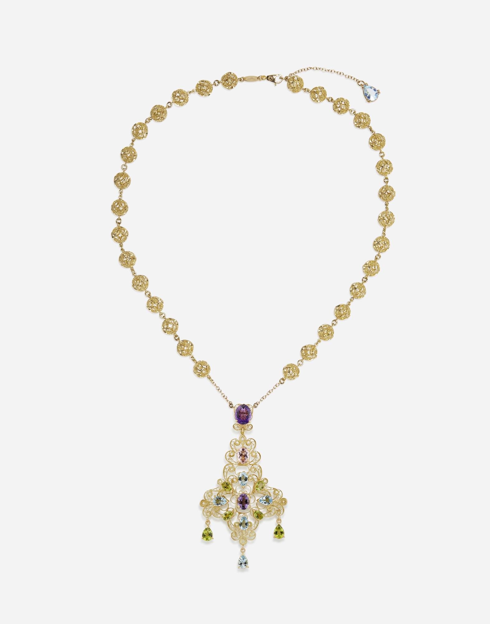 Dolce & Gabbana Pizzo Necklace In Yellow Gold Filigree With Amethysts, Aquamarines, Peridots And Morganite