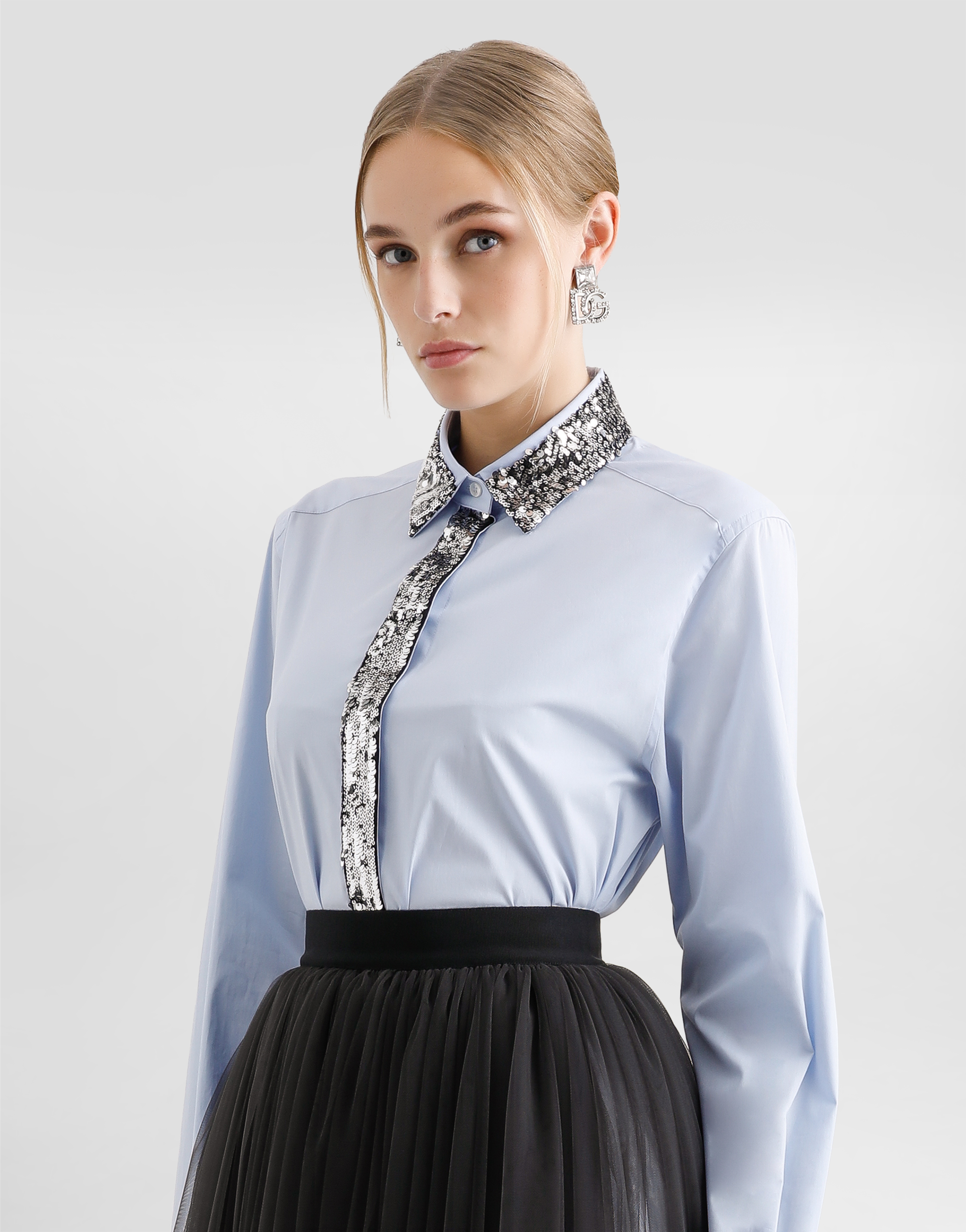 Dolce & Gabbana Cotton Poplin Shirt With Sequin Details In ブルー