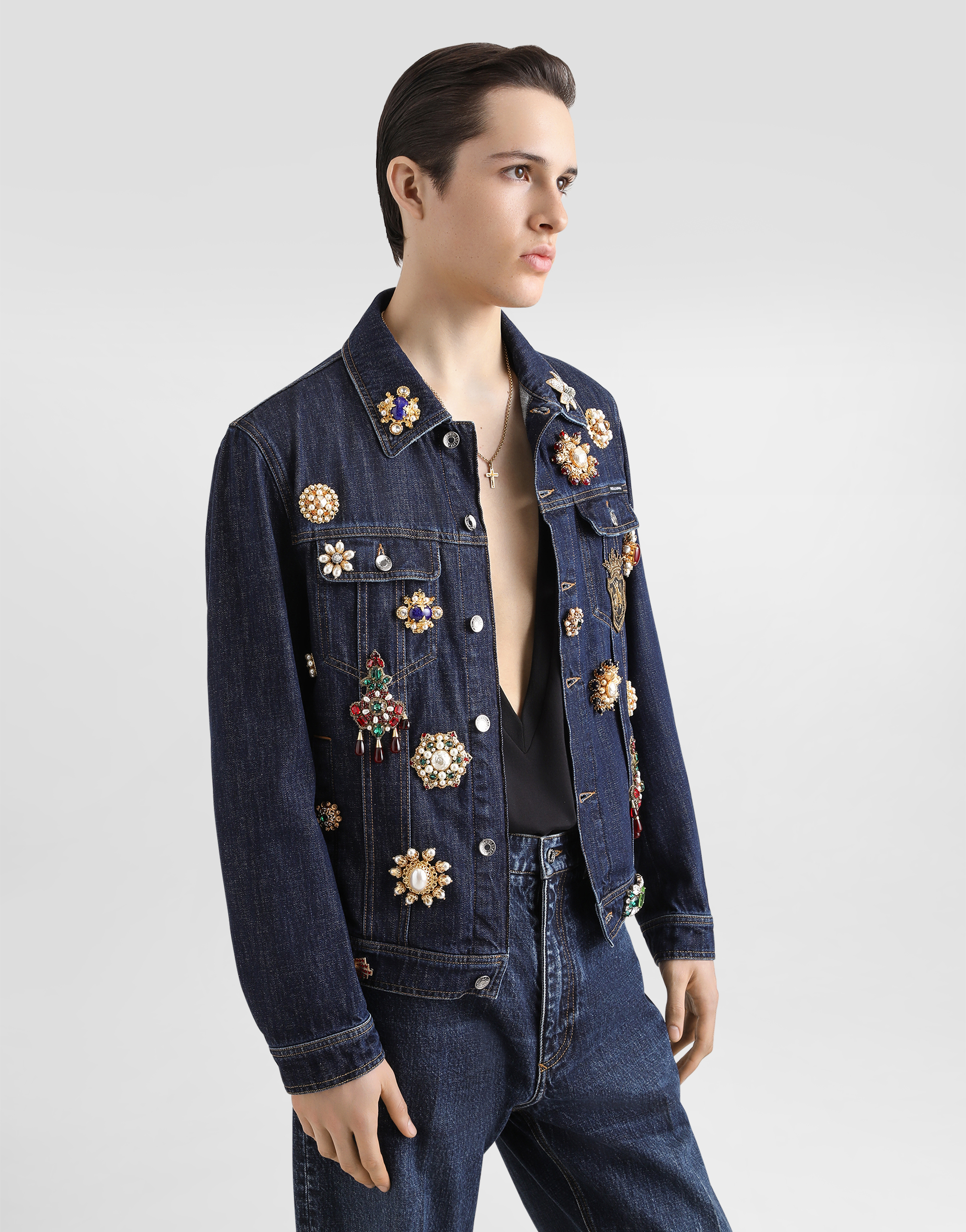 Dolce & Gabbana Cotton Denim Jacket With Bejeweled Detailing In Multicolor