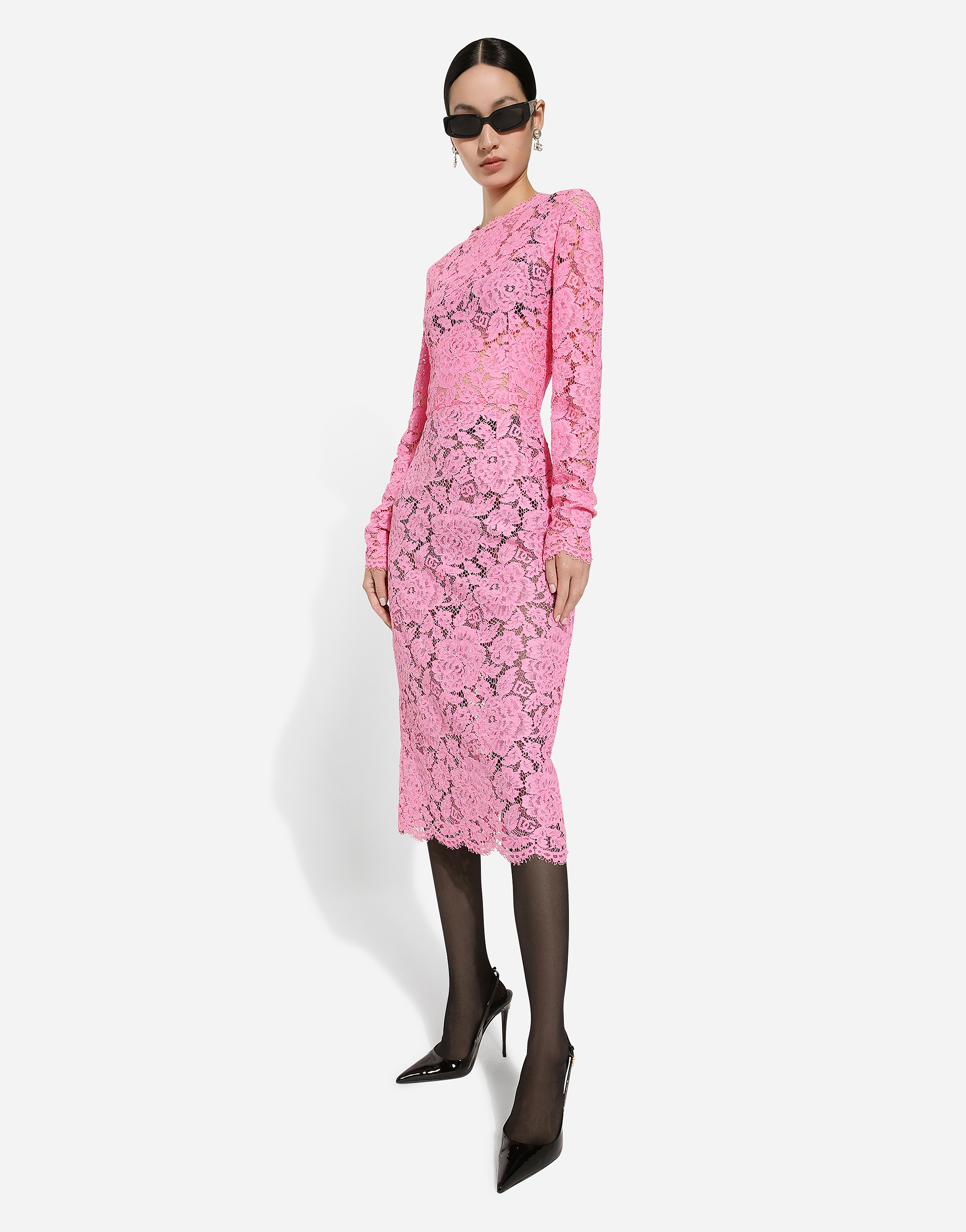 Shop Dolce & Gabbana Branded Floral Cordonetto Lace Sheath Dress In Pink
