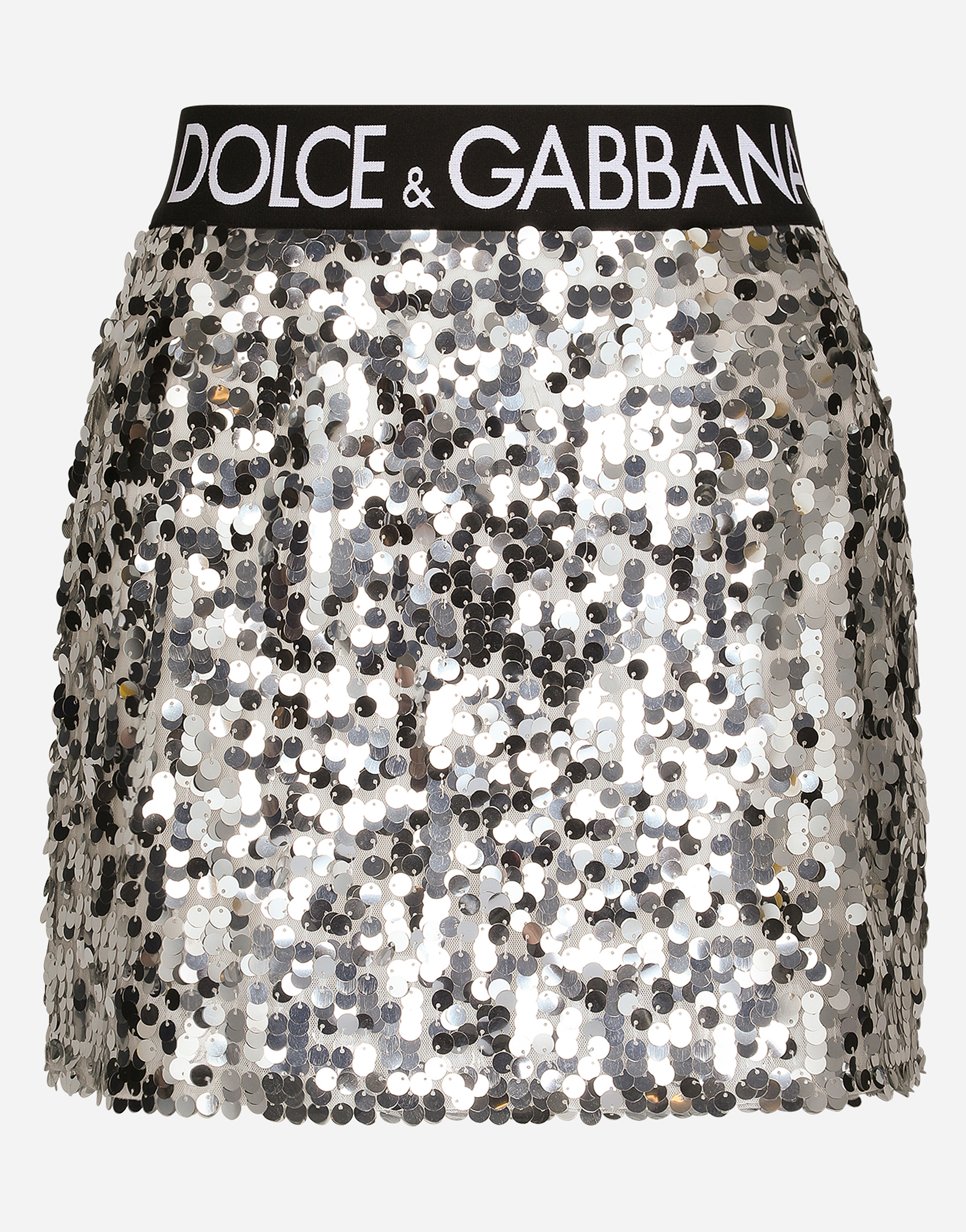 Dolce & Gabbana Sequined Miniskirt With Branded Elastic - Woman Skirts Silver Sequins