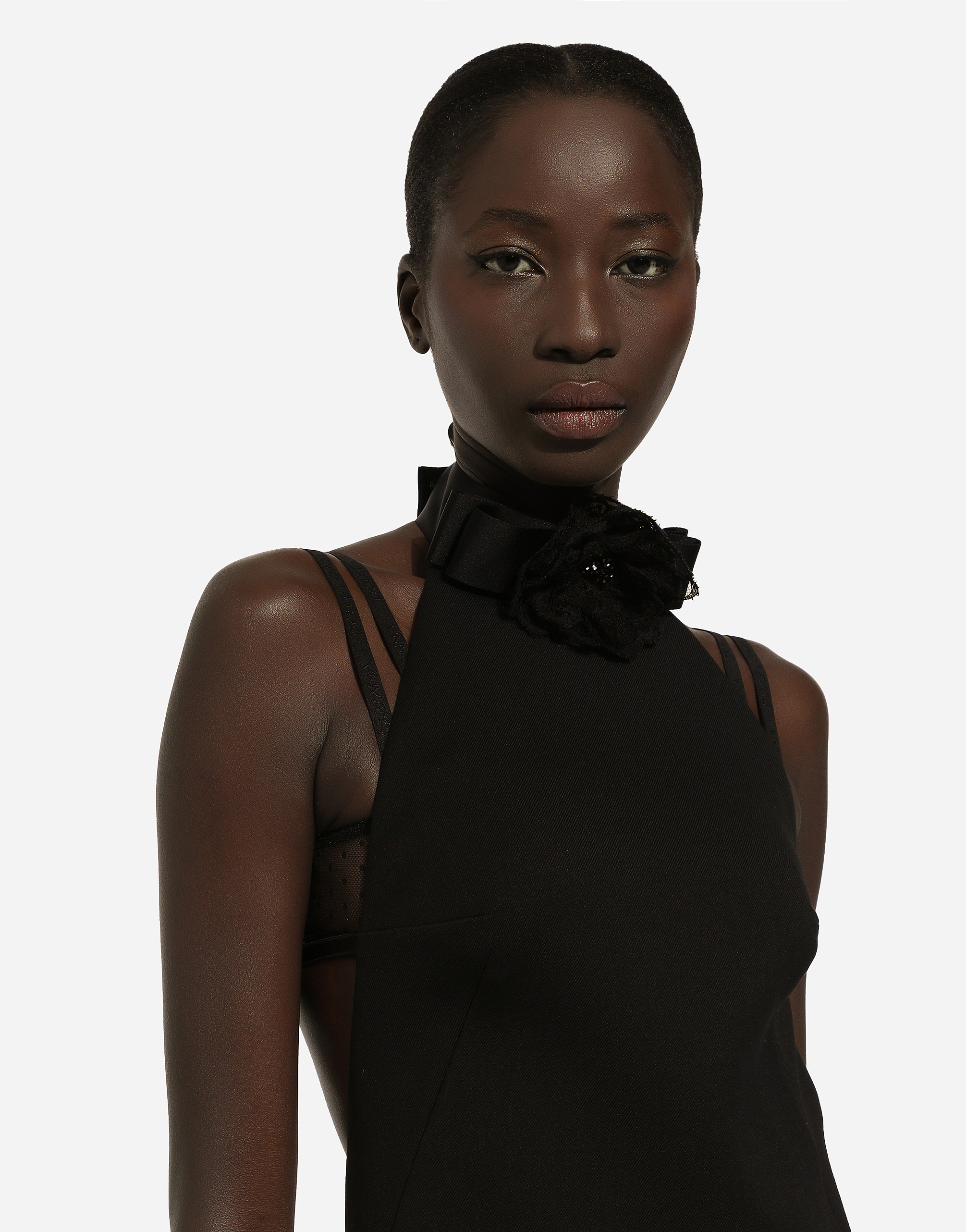 Dolce & Gabbana Black Mini Dress With Floral Detail In Wool Woman In ブラック