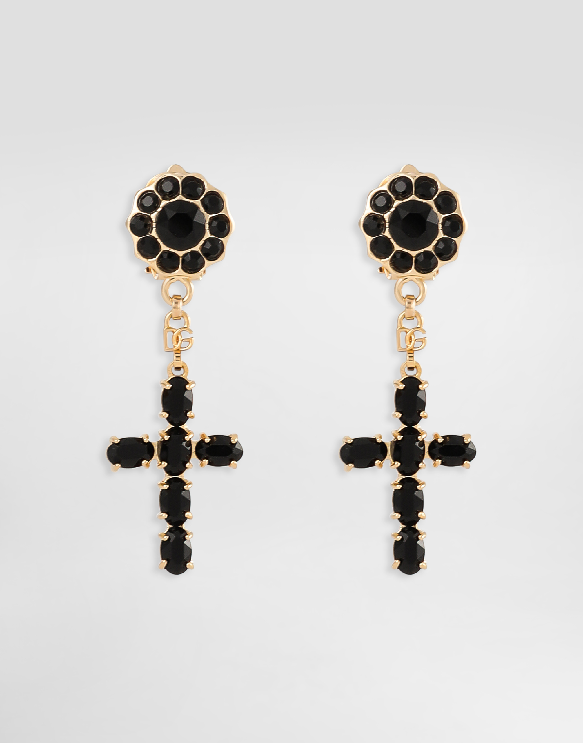 Dolce & Gabbana Elegant Gold Earrings With Black Cross Pendant In ブラック