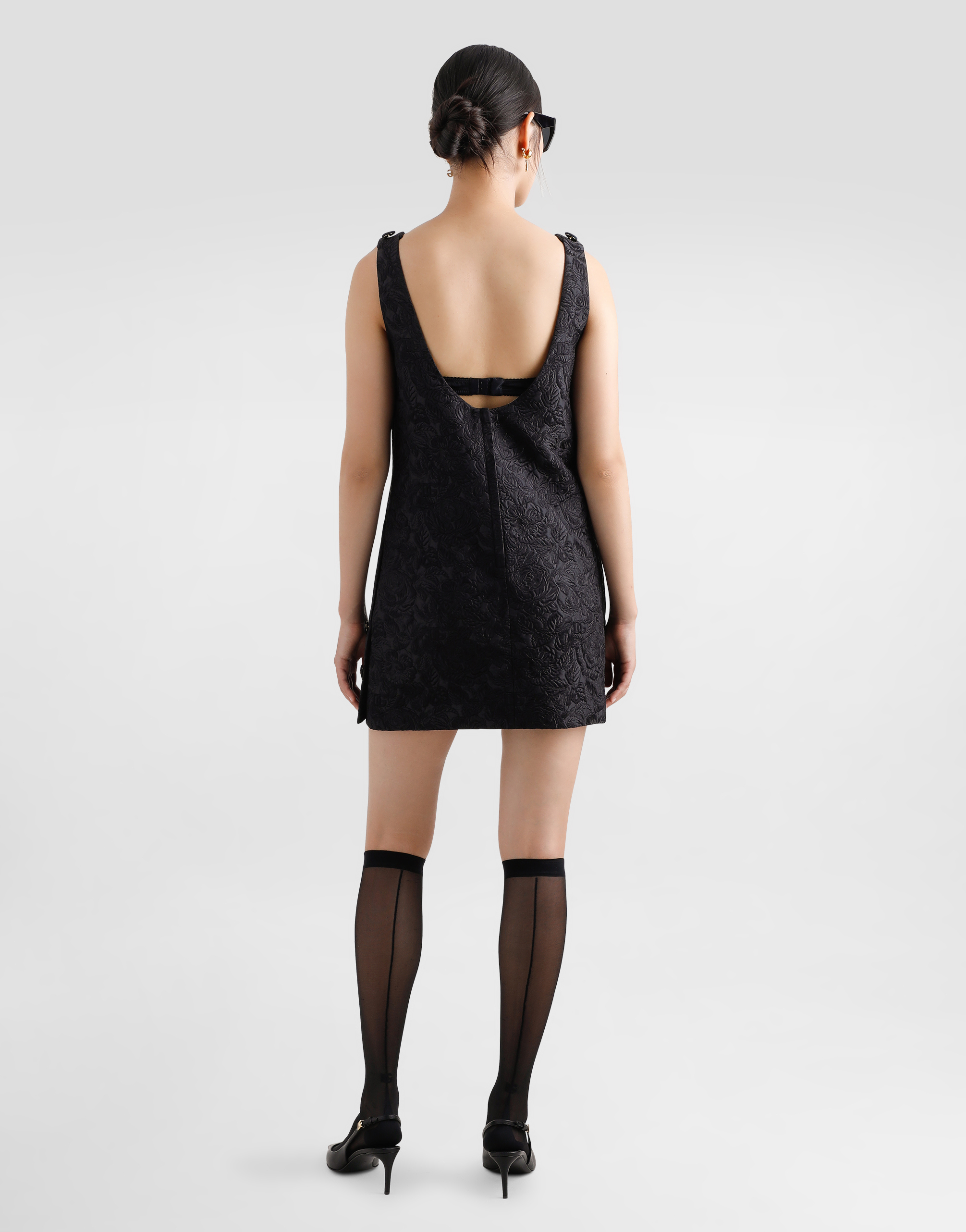 Dolce & Gabbana Short Floral Quilted Jacquard Sack Dress In Black